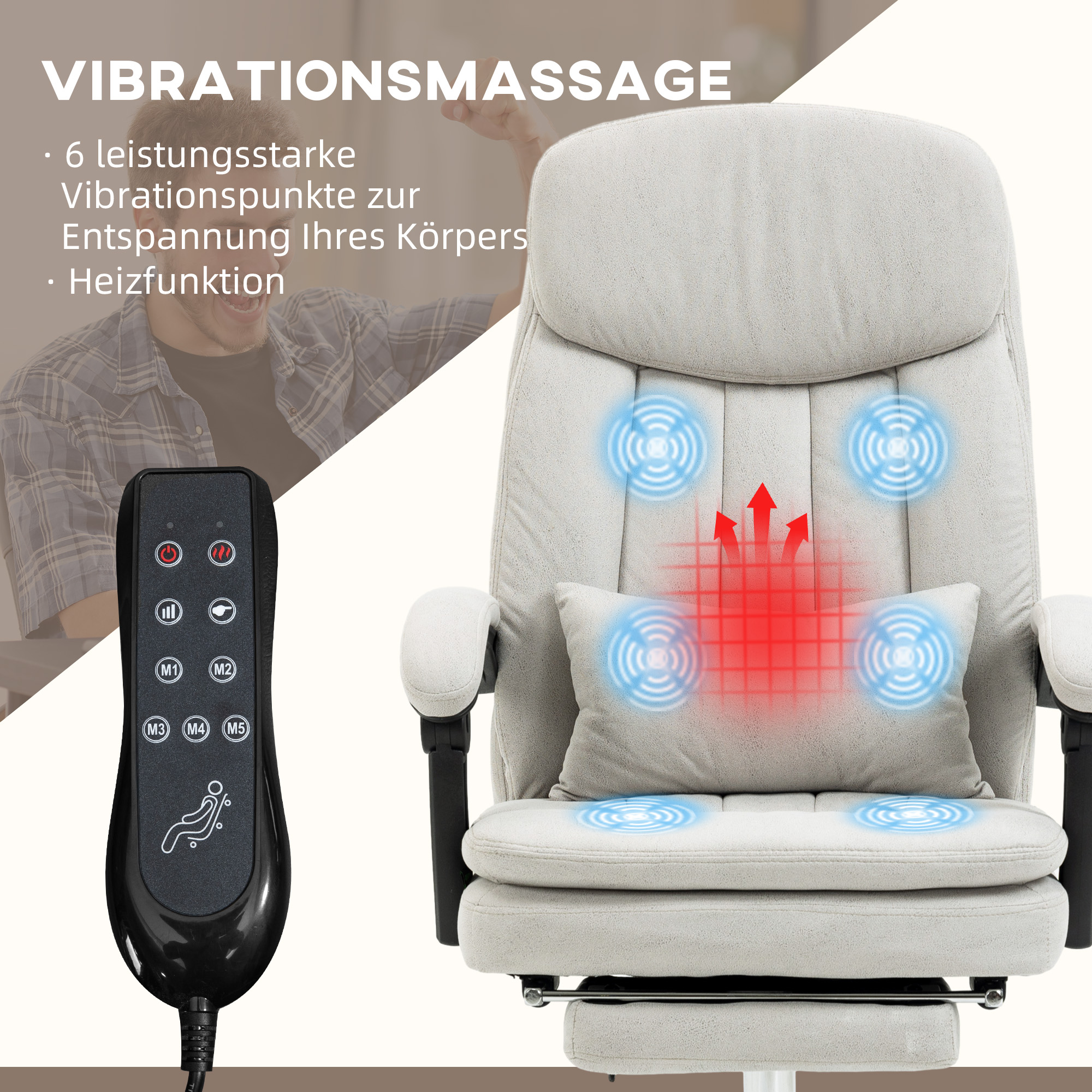 Vinsetto Bureaustoel met Massage- en Warmtefunctie, Ergonomisch, 66x67x110-118cm, Crèmewit