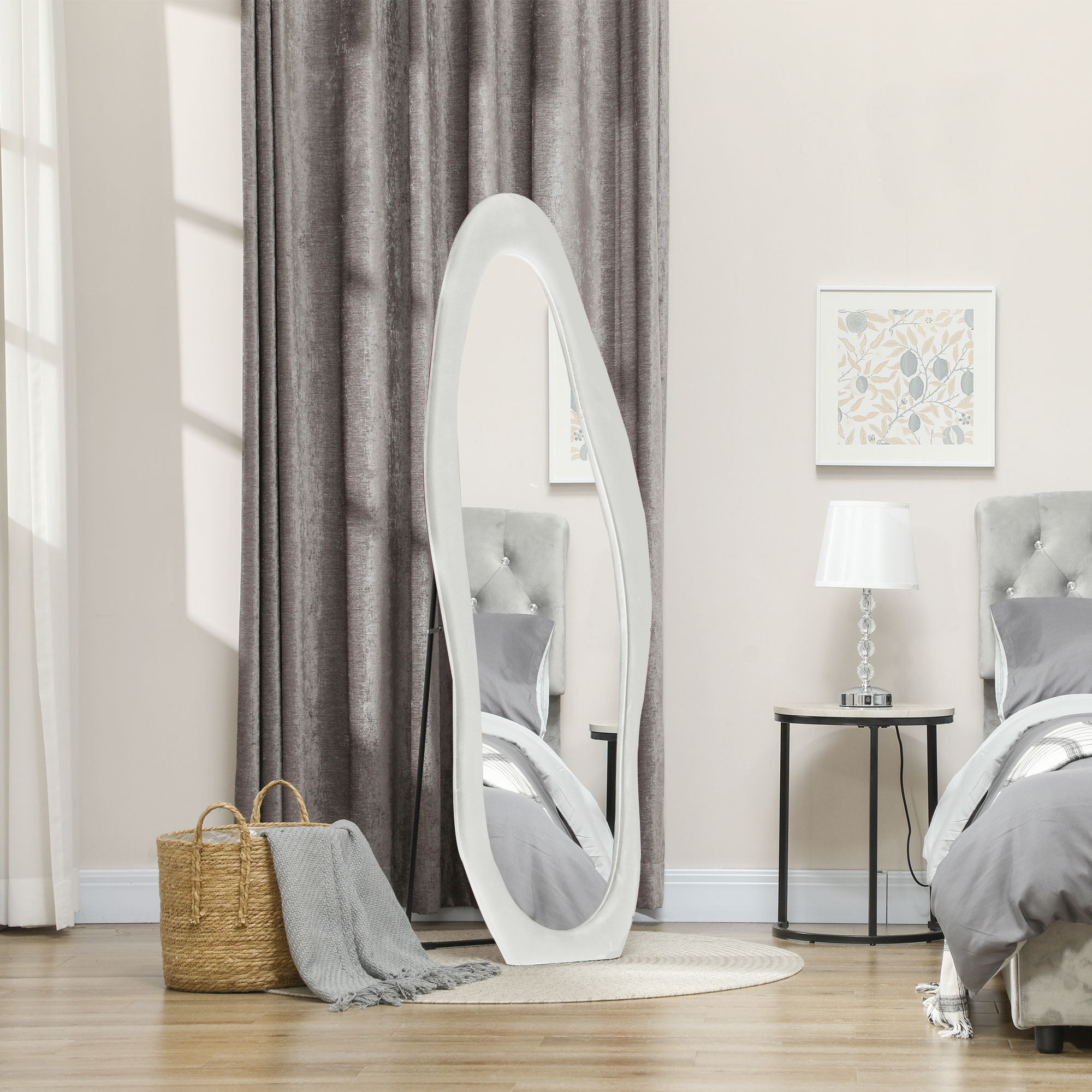 HOMCOM Volledige Lichaamsspiegel, Golvende Vorm, 160 x 50 cm, Vrijstaand, Fluweelachtige Framebekleding, Slaapkamer, Woonkamer, Wit