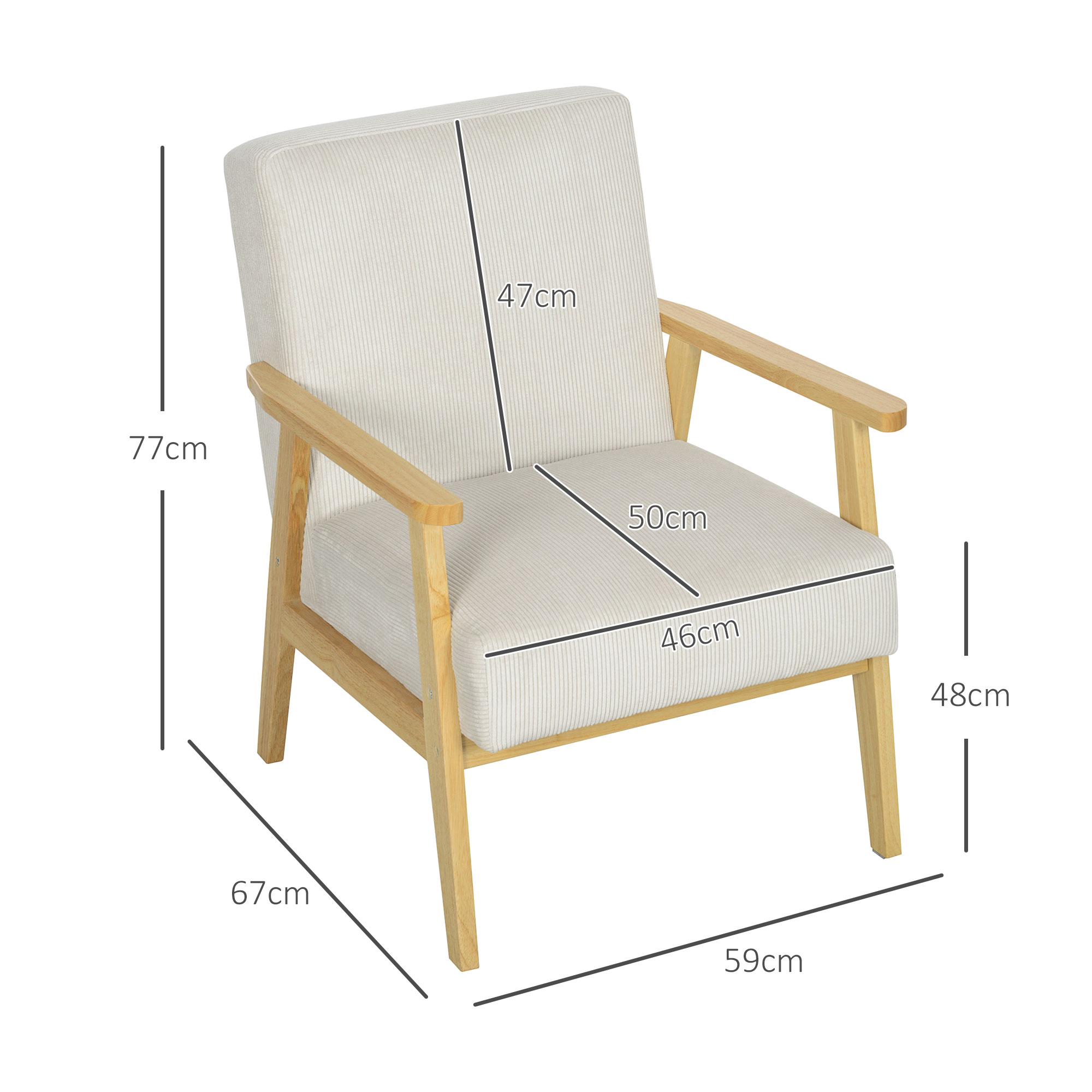 HOMCOM Moderne Fauteuil met Armleuningen, Stoffen Bekleding, van Rubberhout, Accentstoel, Draagvermogen 120 kg, Roomwit