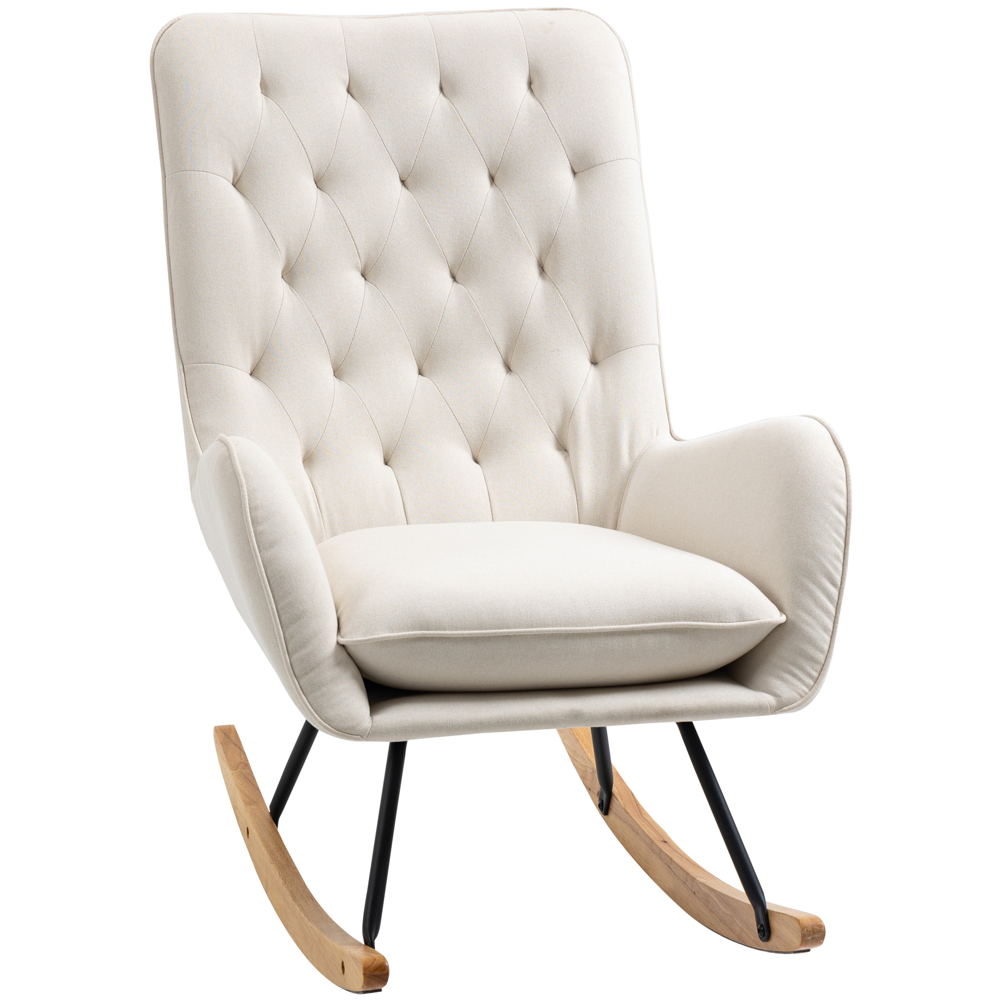HOMCOM Schommelstoel in Scandinavisch design - Relaxfauteuil met knopsteekdetailing, 69 cm x 90 cm x 100 cm, Crème + Natuur + Zwart