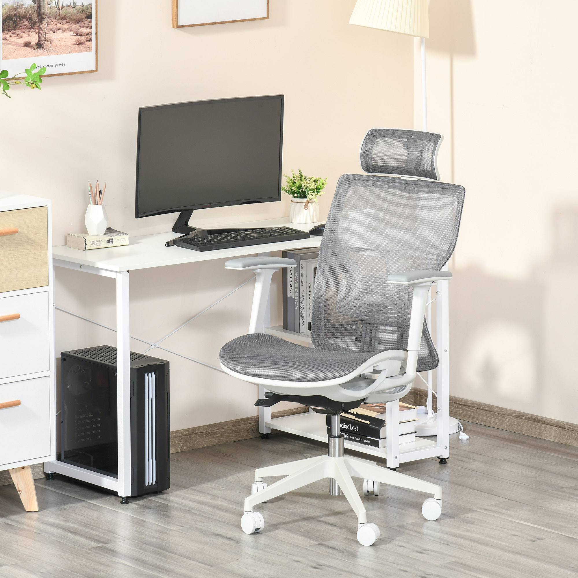 Vinsetto bureaustoel bureaustoel draaistoel gamestoel met hoofdsteun lendenkussen 3D-armleuning 3 niveaus 360 ° zwenkbare wielen, in hoogte verstelbaar ergonomische netstof schuimgrijs 67 x 65 x 120-128 cm