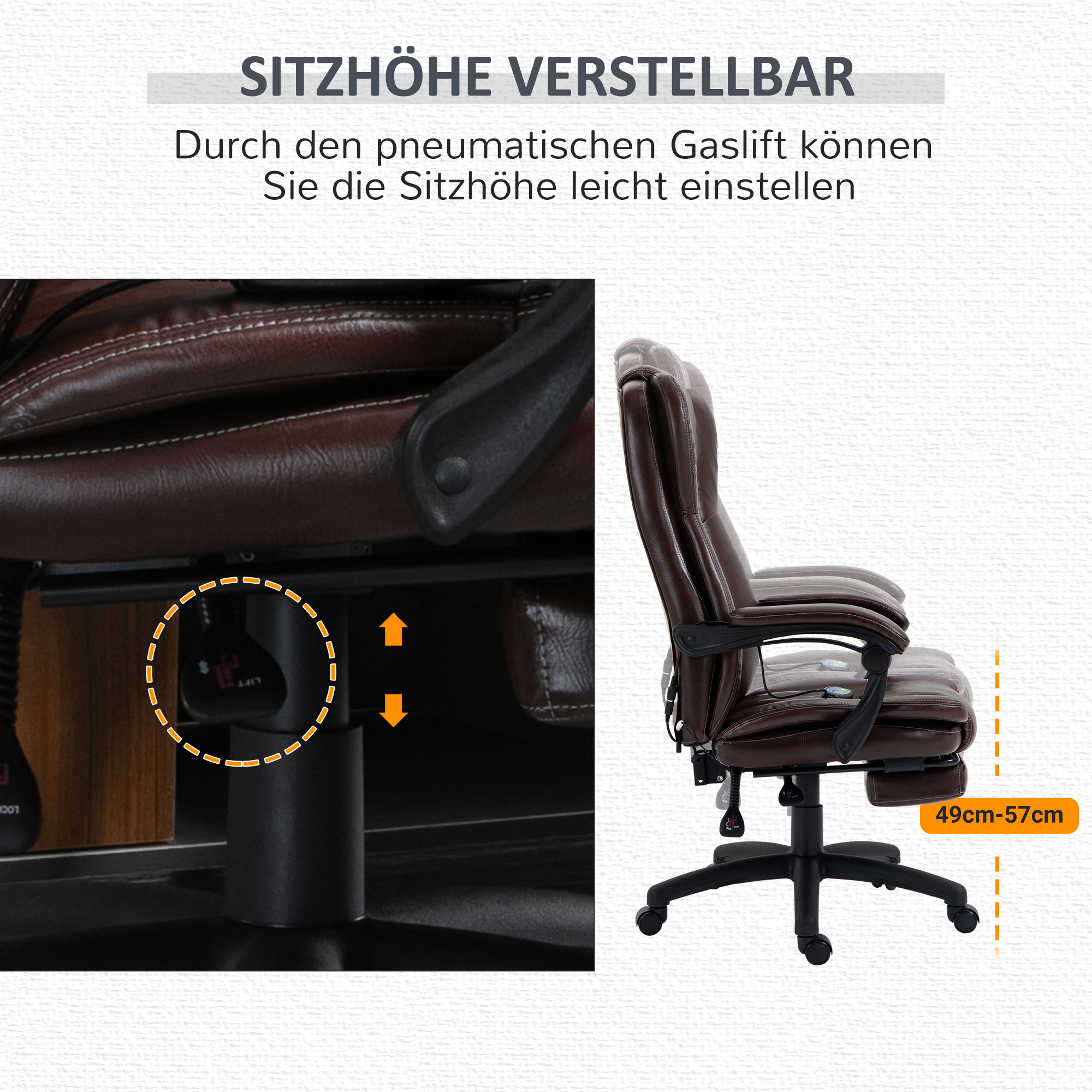 Vinsetto bureaustoel stoel directiestoel draaibare stoel met massagefunctie ligfunctie kunstleer schuimstof PP kunststof nylon bruin 68,5 x 68,5 x 119-127 cm