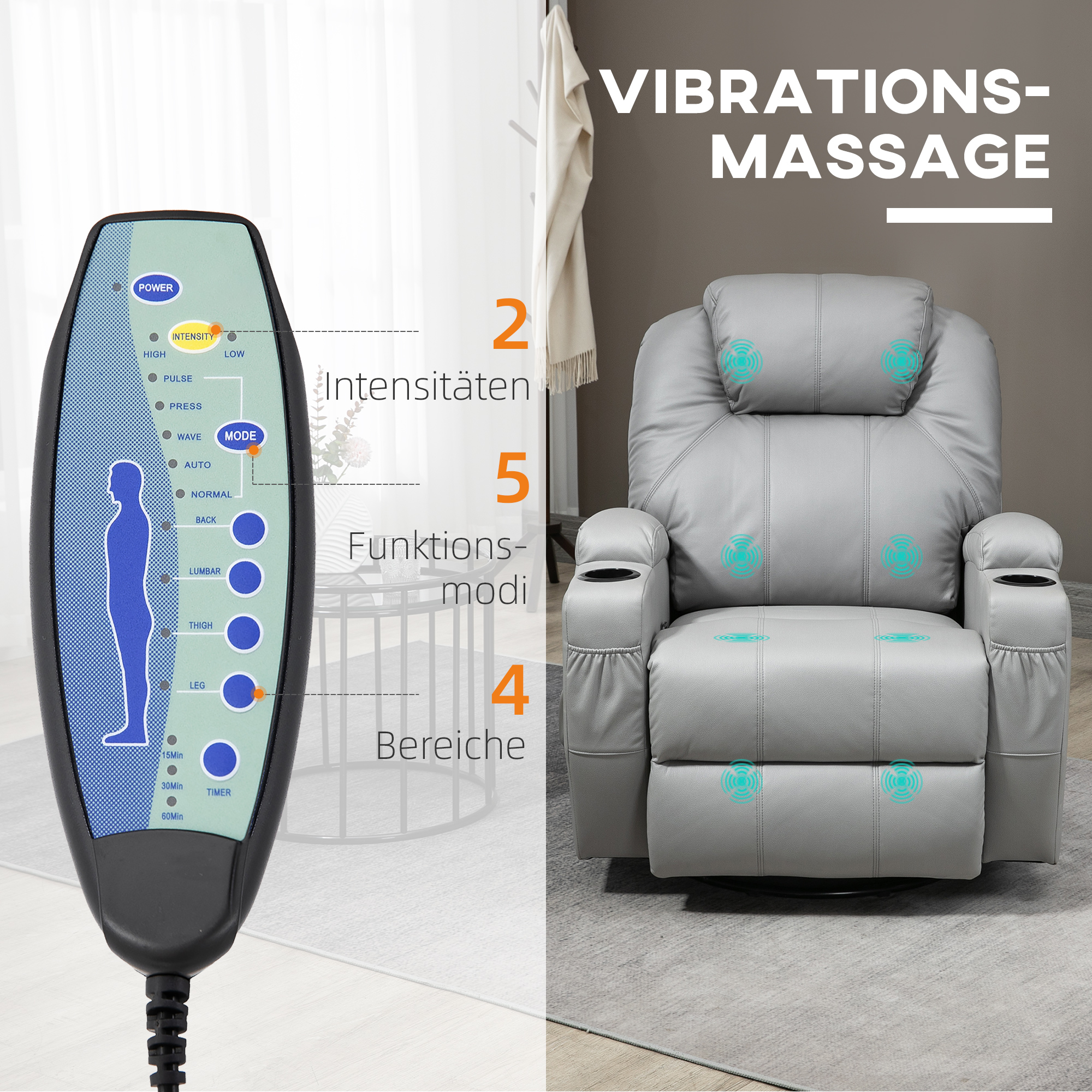 HOMCOM Massagestoel met voetensteun, 8 vibratiepunten, 5 modi, inclusief afstandsbediening, lichtgrijs.