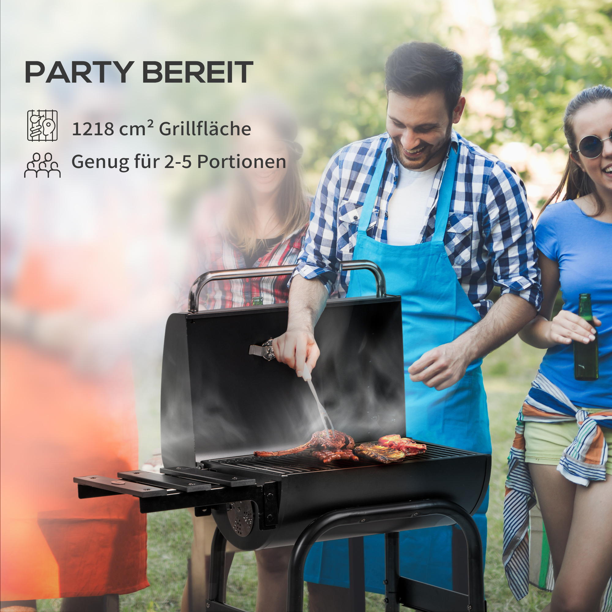 Outsunny Houtskoolgrill Smoker BBQ-Grill, 1 Plank, inclusief Thermometer, 83 x 46,5 x 115 cm, Zwart