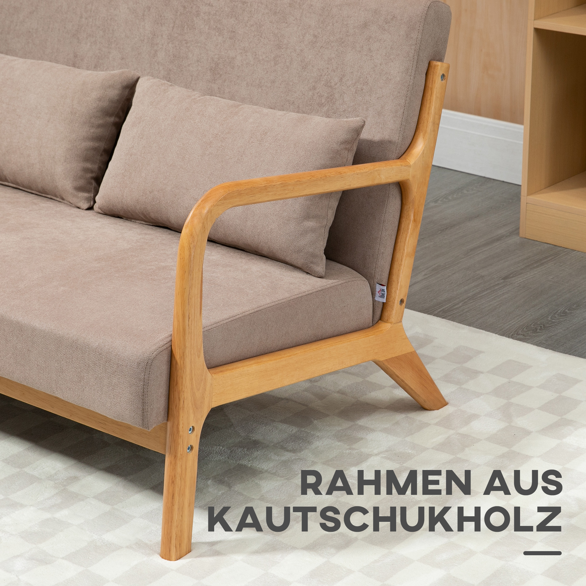HOMCOM 2-zitsbank, kleine bank, retro-design, 2 kussens, rubberhout, bruin + naturel