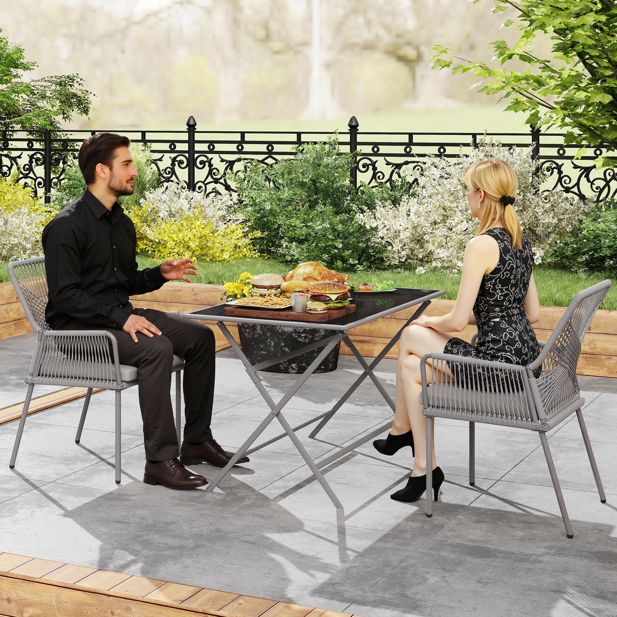 Outsunny Set van 2 Tuinstoelen, Terrasstoelen met Wasbare Kussens, Rug- en Armleuningen, Staal, Rattan, Donkergrijs