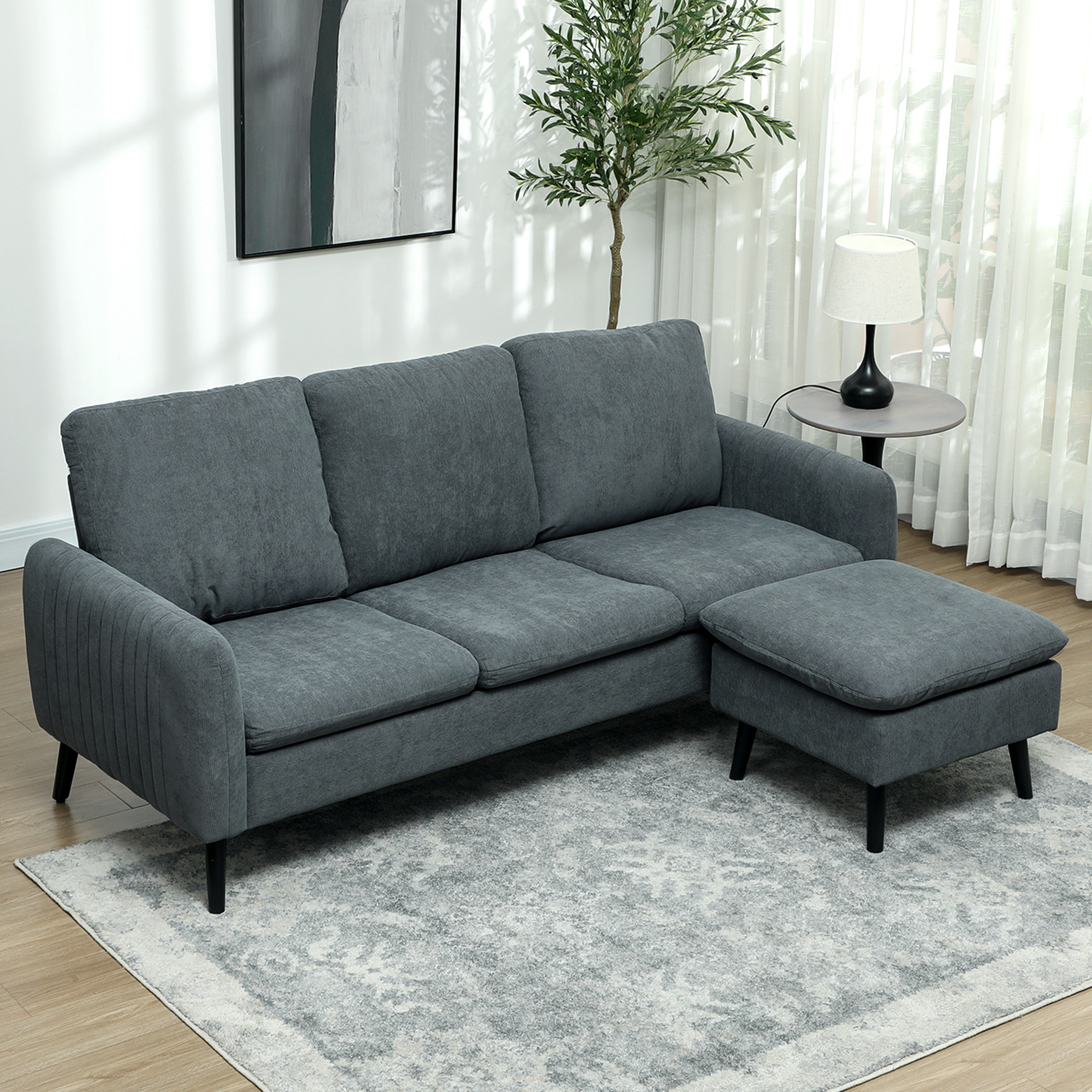 HOMCOM Hoekbank, 3-zitsbank met Voetenbank, Stoffen Bekleding, L-vormige Bankset, Donkergrijs