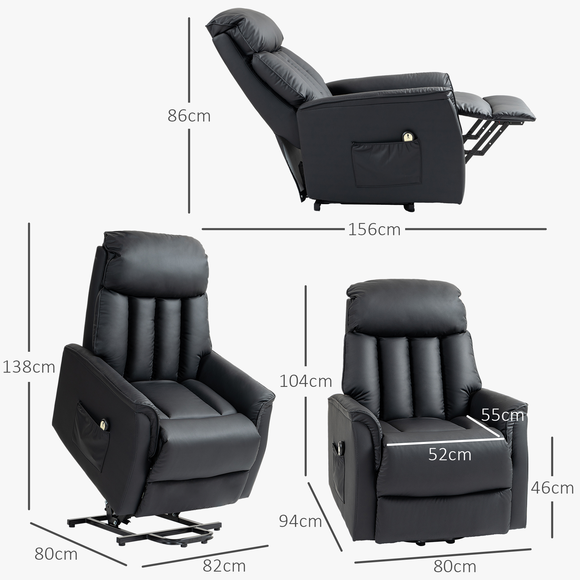 HOMCOM Elektrische Opsta-Stoel, TV-Stoel, Stoel met Opsta-Hulp, Ligfunctie, Kunstleer, 80 x 94 x 104 cm, Zwart