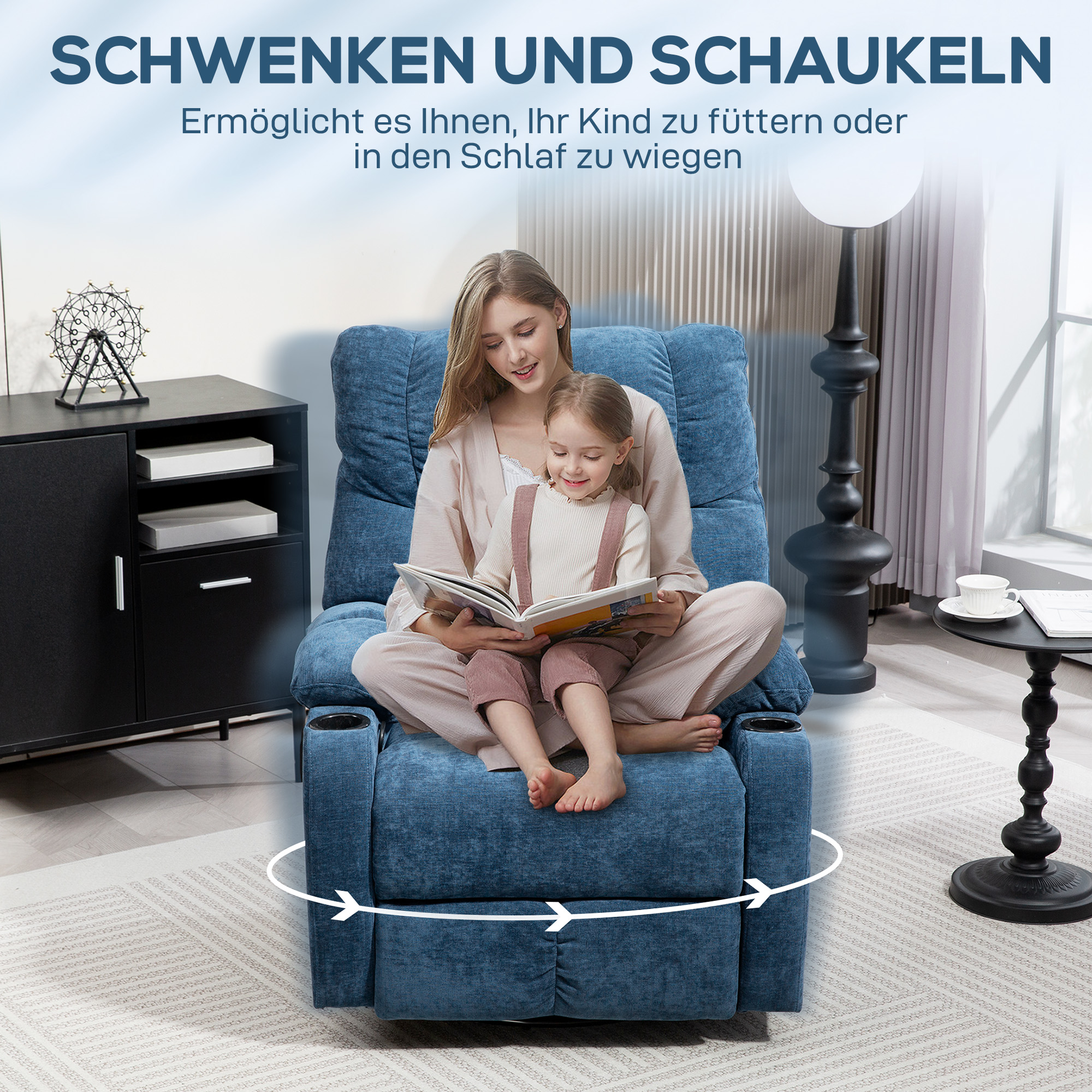 HOMCOM Relaxstoel met Voetensteun, Ligstoel, Draaibaar, tot 150 kg, Stalen Frame, 88x96x108cm, Donkerblauw