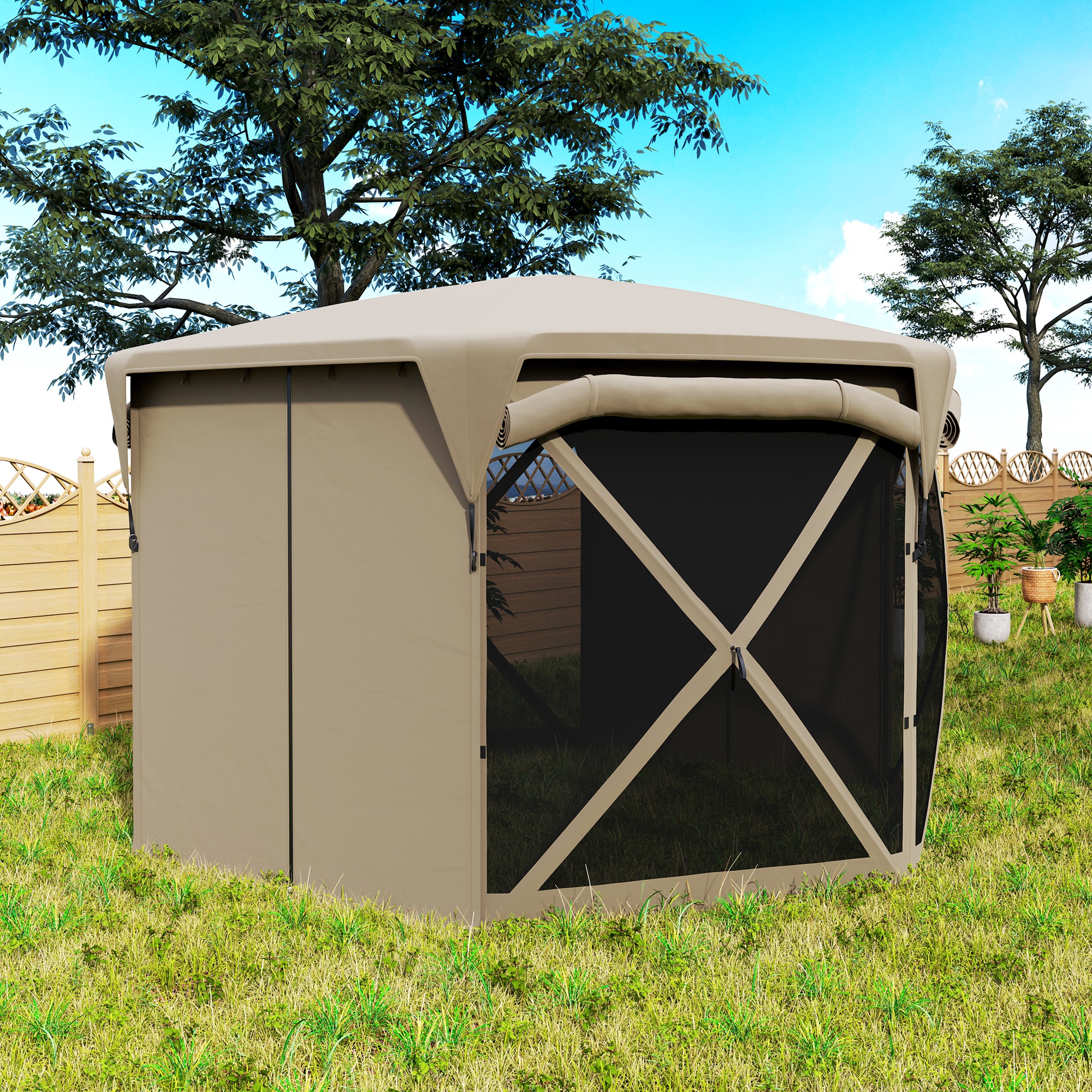 Outsunny 3 x 3,5 Pop-up Tuinpaviljoen met UPF30+ Bescherming, Netwanden, Draagtas, voor Tuinfeesten, Camping, Khaki