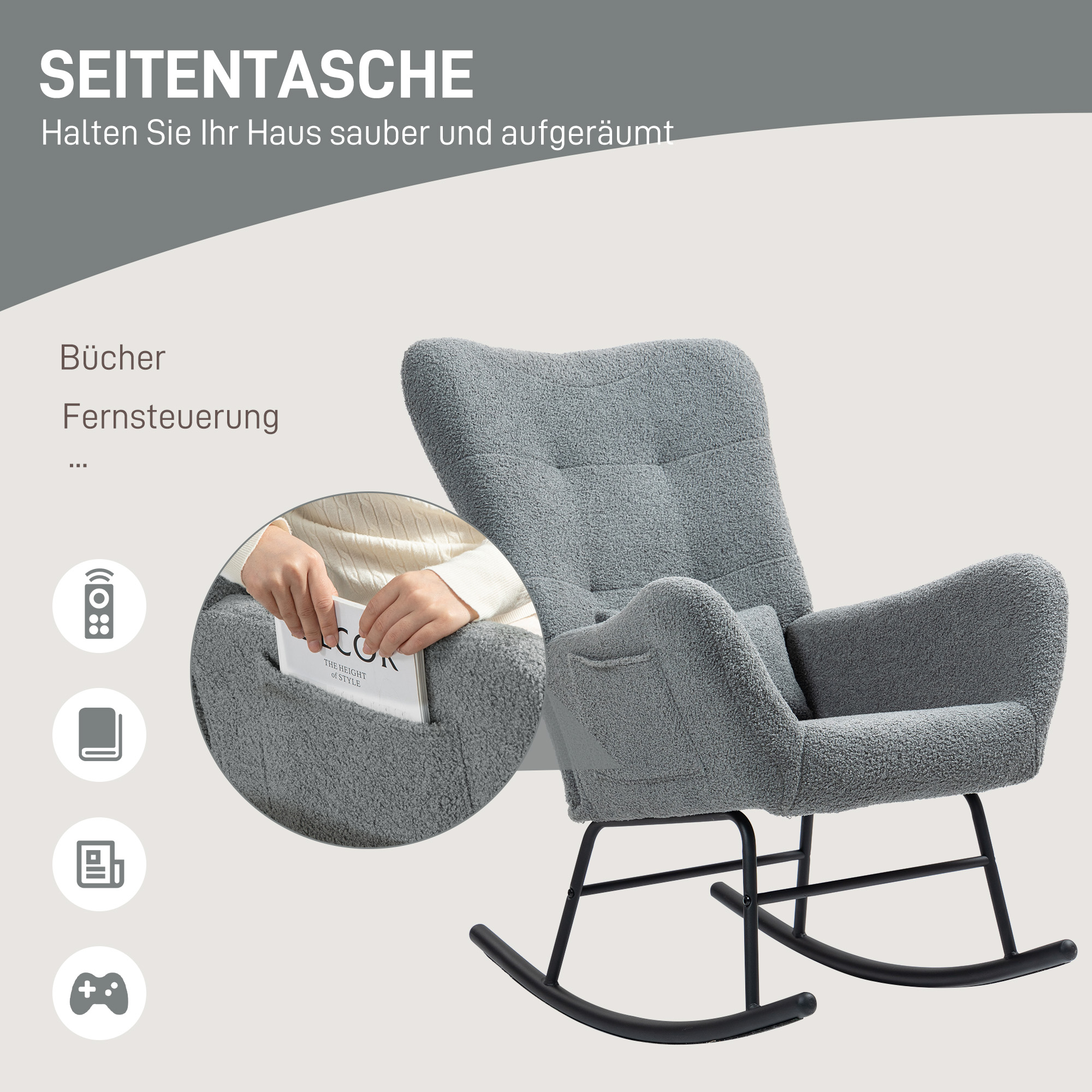 HOMCOM Schommelstoel, Pluizige Bekleding, Lendekussen, Antislip, Tot 120 kg, Grijs