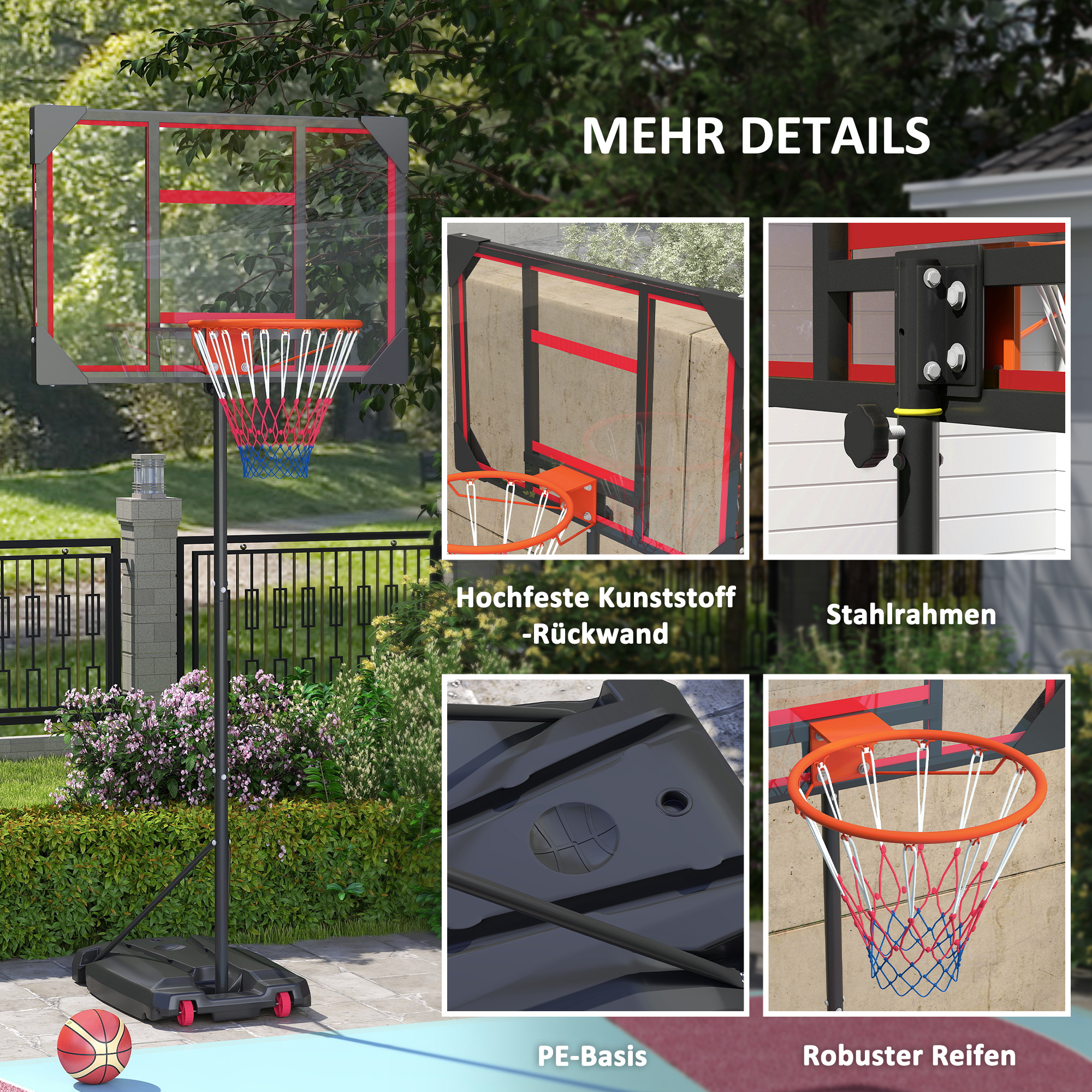 AIYAPLAY Kinderbasketbalring, buiten, voor kinderen, 210-260 cm in hoogte verstelbaar, met wielen, vanaf 6 jaar, Rood