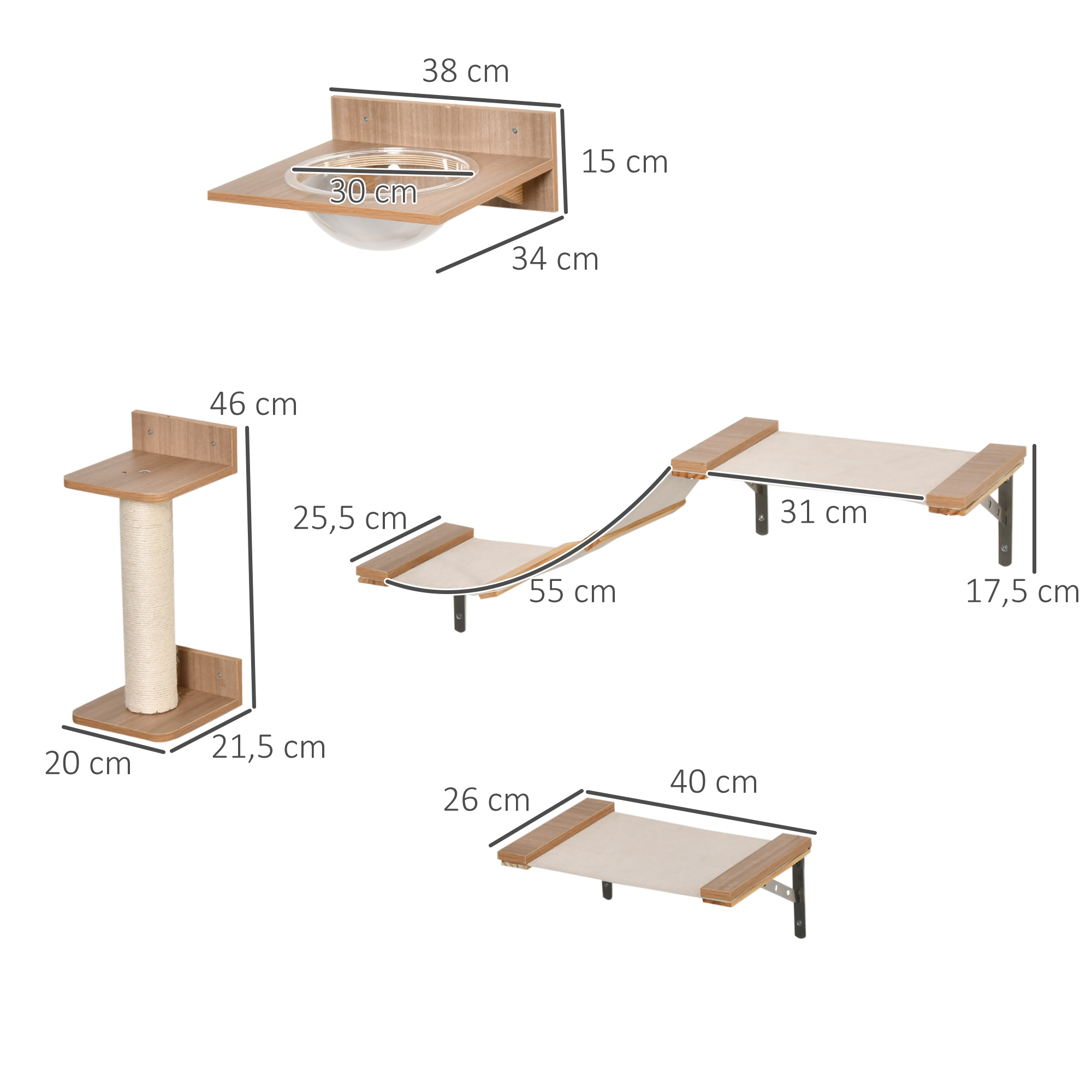 PawHut 4st. Klimmuur voor katten Kattenklimwand met krabpaal Kattentrap Kattenmeubel Hangmat Lichtbruin sisal acryl grenen