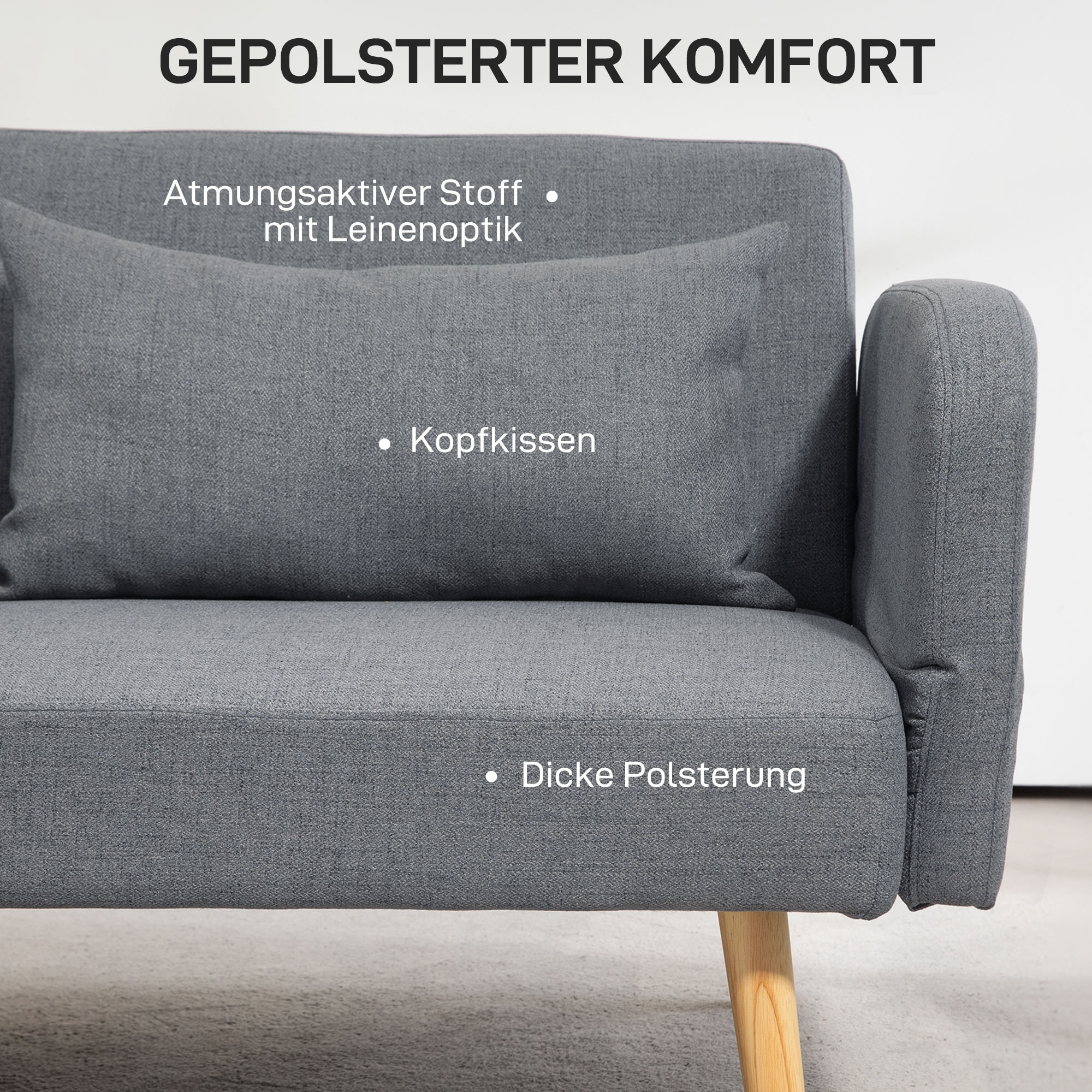 HOMCOM 3-Zits Slaapbank, Gasten Tweepersoonsbed, tot 240 kg, Opklapbare Leuningen, Houten Frame, 170 x 83 x 80 cm, Grijs