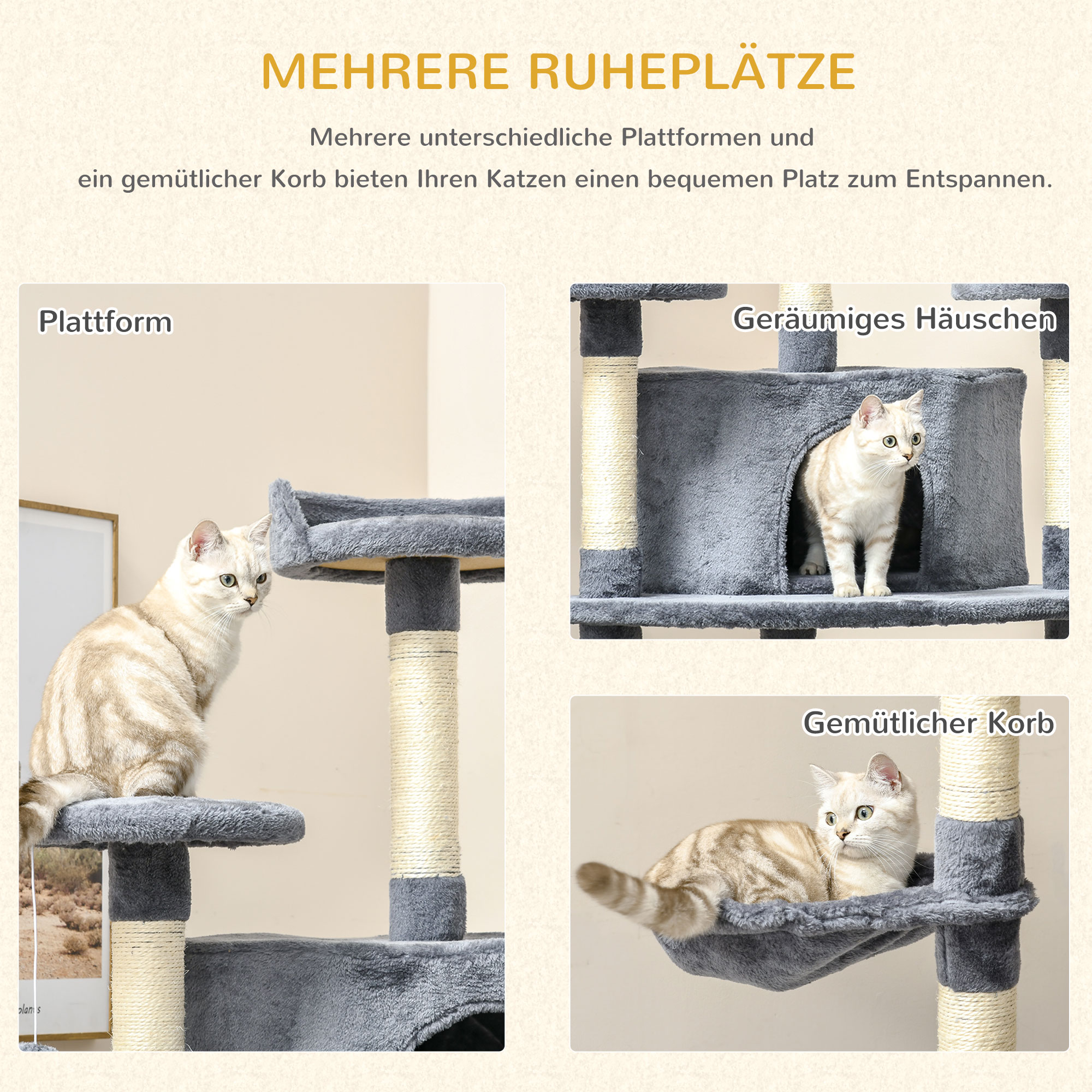 PawHut Krabpaal met 2 Hangmatten en 2 Kattenholen, Inclusief Speelgoed, Pluche en Sisaltouw - Lichtgrijs