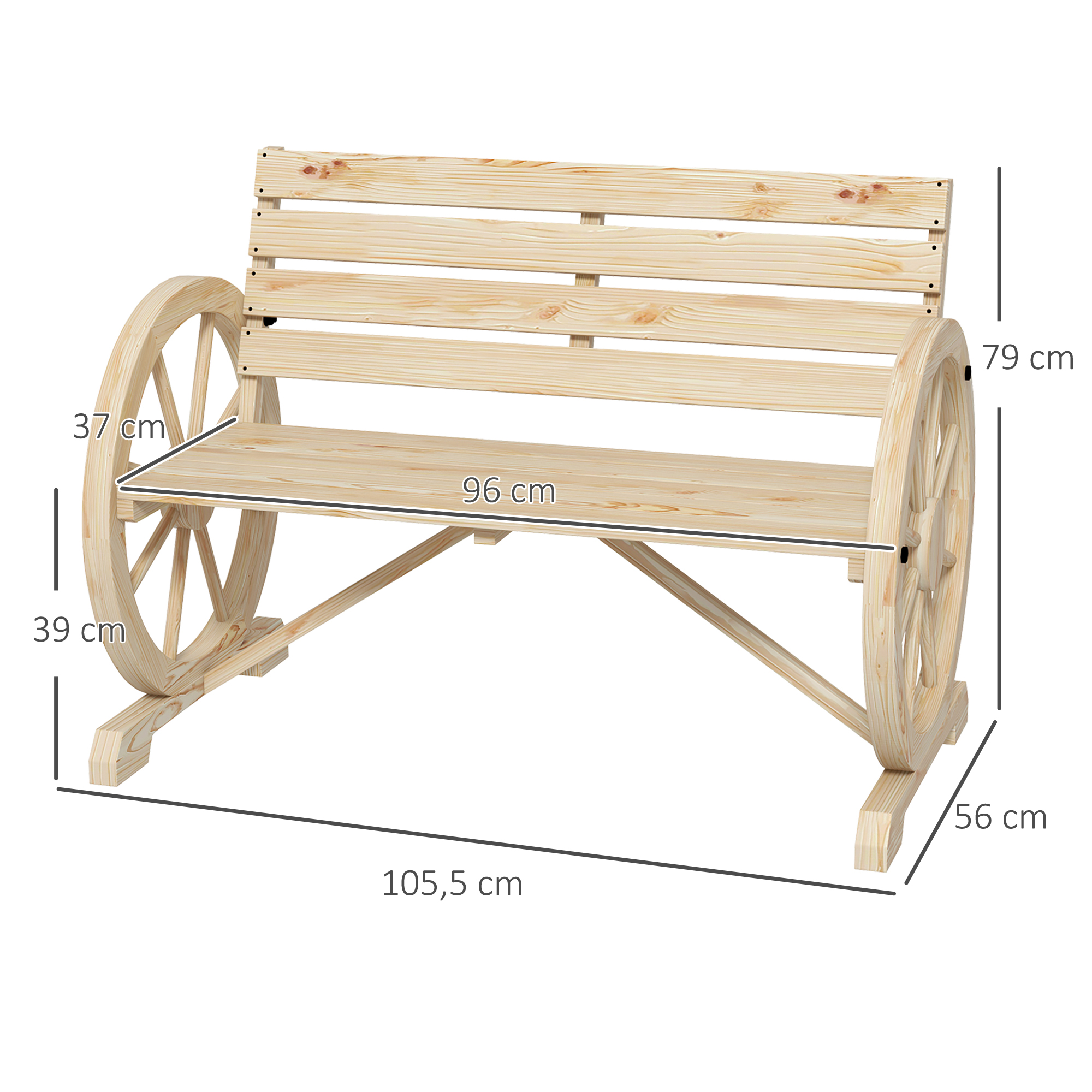 Outsunny Tuinbank, Wagenwiel-ontwerp, voor 2 personen, natuurlijk hout, donkerbruin, 105,5 x 56 x 79 cm, Natuurlijk