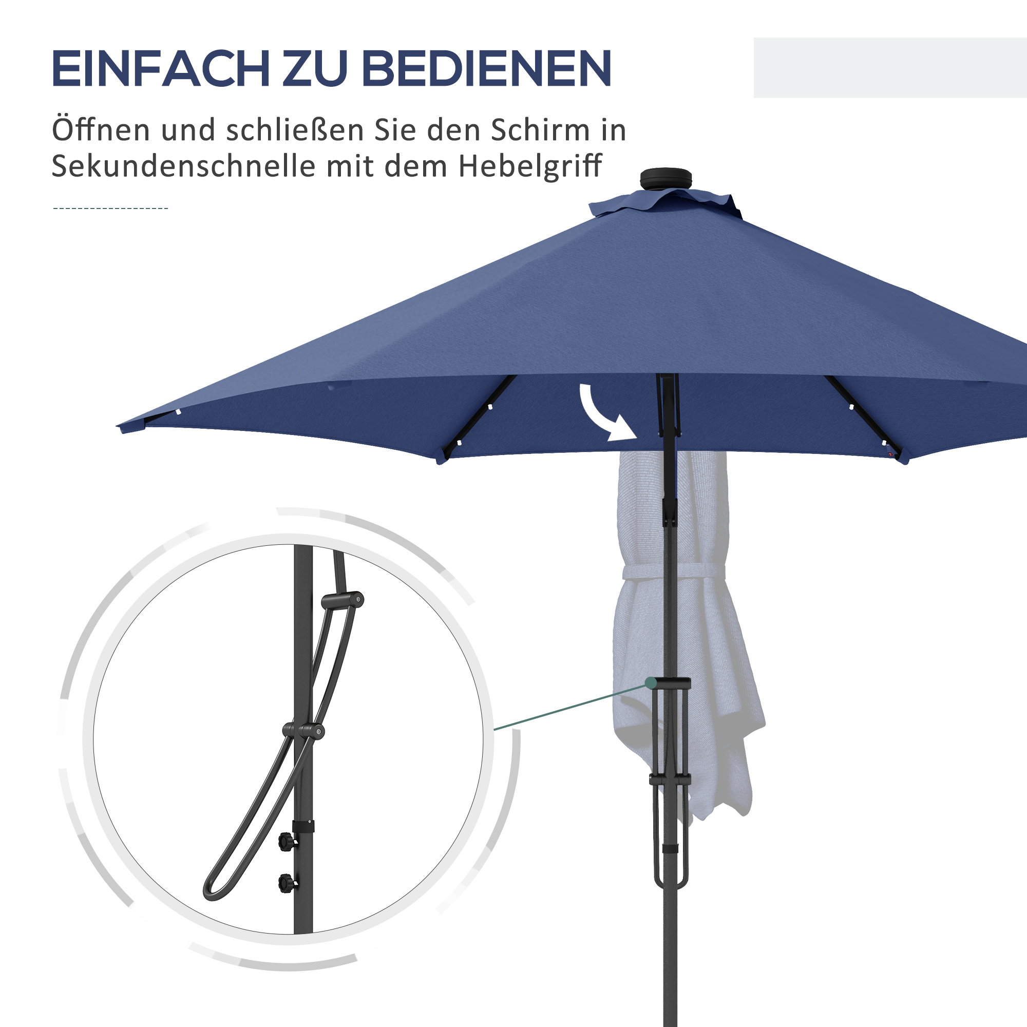 Outsunny Tuinparasol, zweefparasol, LED's, zonnepaneel, weerbestendig, inclusief beschermhoes, Ø290 x 260 cm, donkerblauw