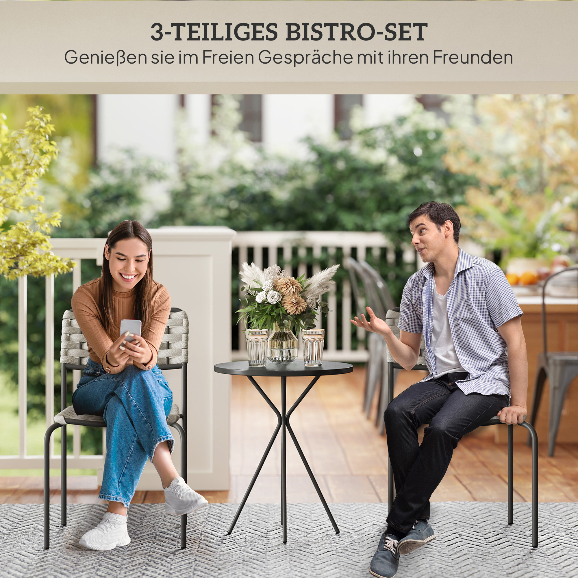Outsunny Polyrattan Tuinmeubelset, Outdoor Lounge Balkonmeubel voor 2, 3-Delig 2 Stoelen, Tafel Grijs