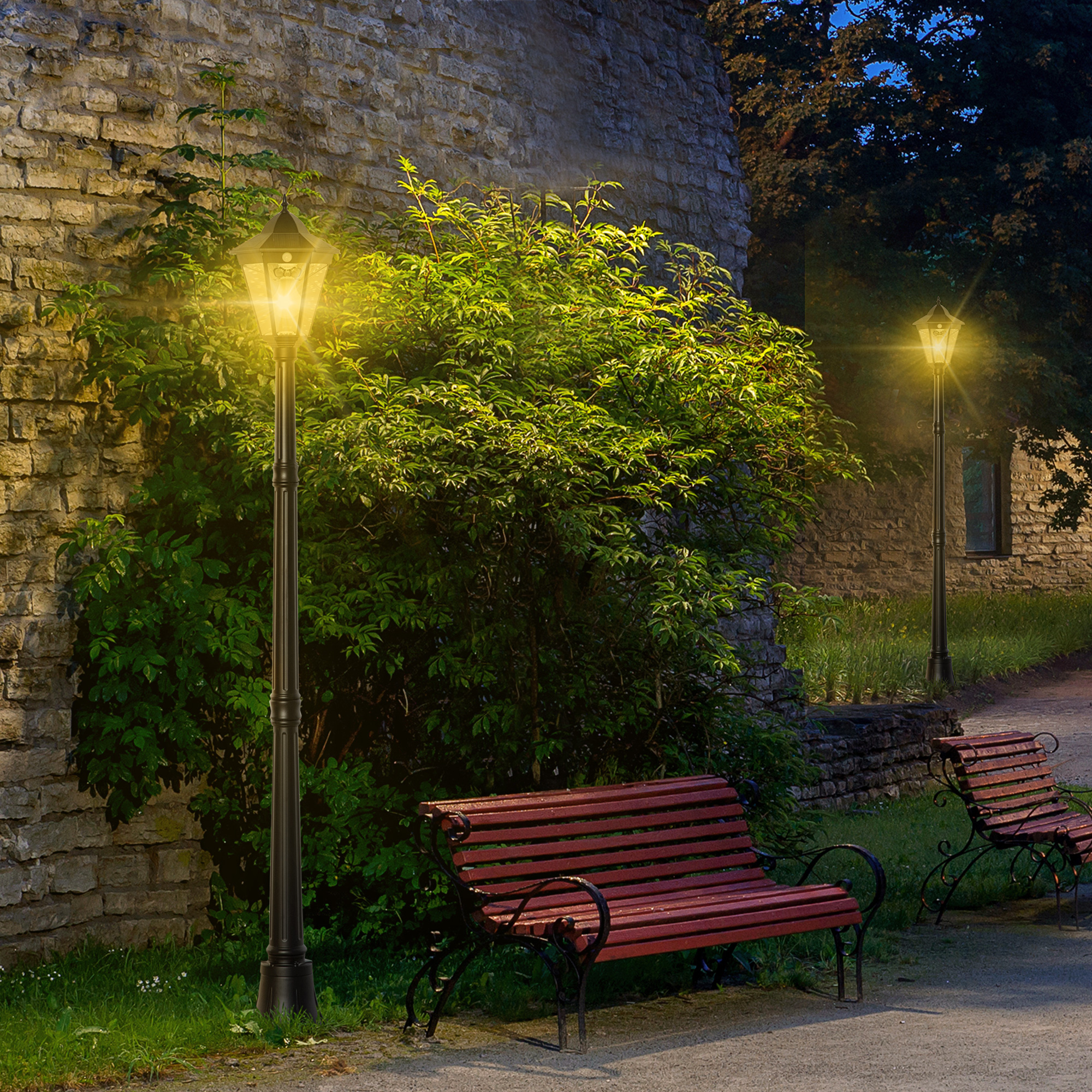 Outsunny Solar Tuinlantaarn Lantaarn Tuinlamp Pad Licht met 19 LED 130 Lumen 3000K Aluminium Gehard Glas Zwart 22 x 22 x 194 cm