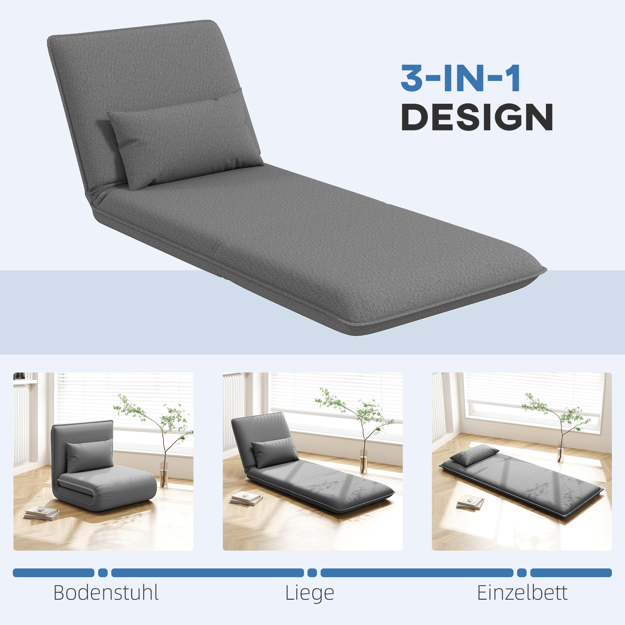 HOMCOM Vloerstoel, 3-in-1 Ontwerp, Verstelbare Vloerstoel, Chaise Longue voor Woonkamer, Slaapkamer, Gastenkamer, Kantoor, Grijs