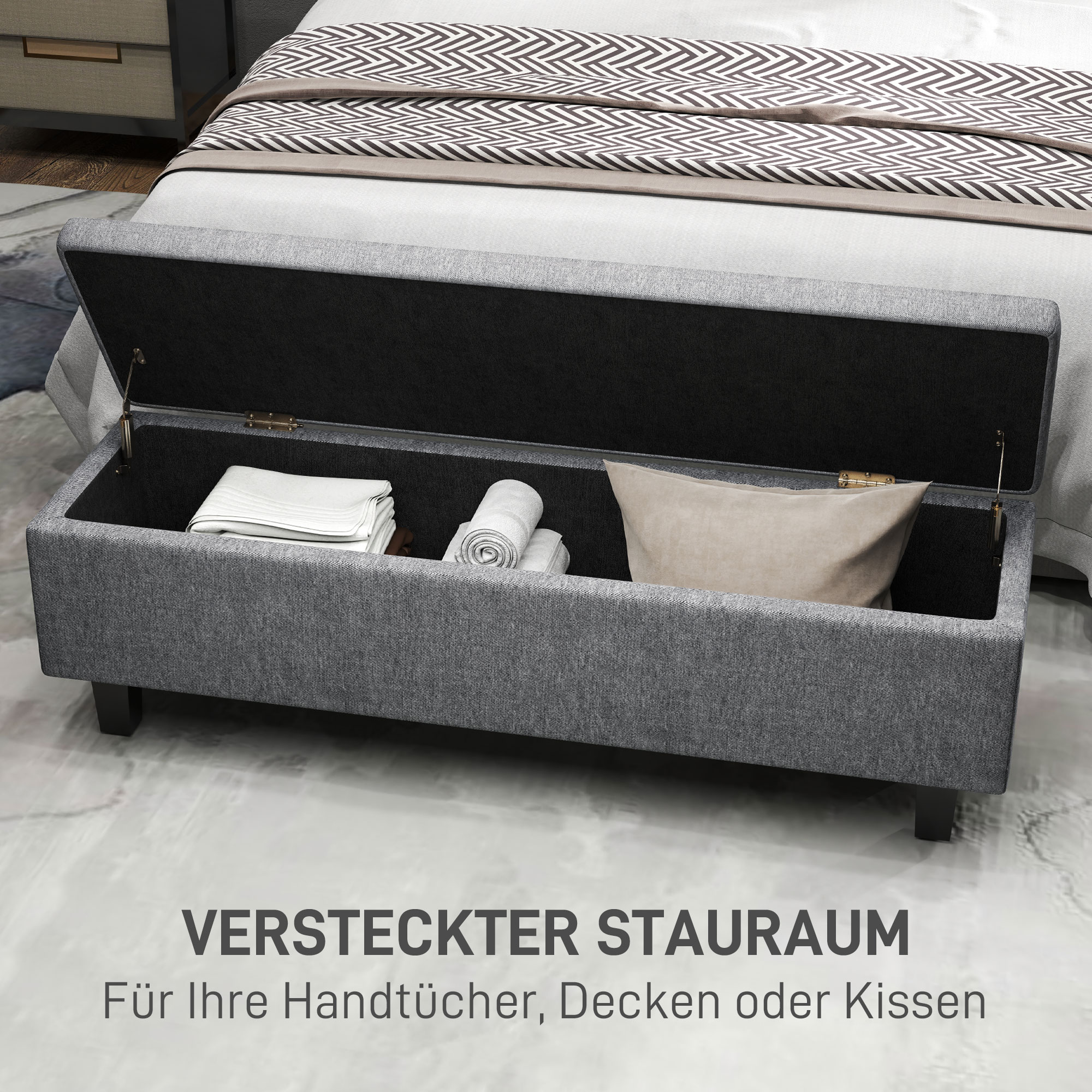 HOMCOM Opbergbank in Linnenlook met Rubberhouten Poten, voor Woonkamer, Slaapkamer, Gang, Donkergrijs