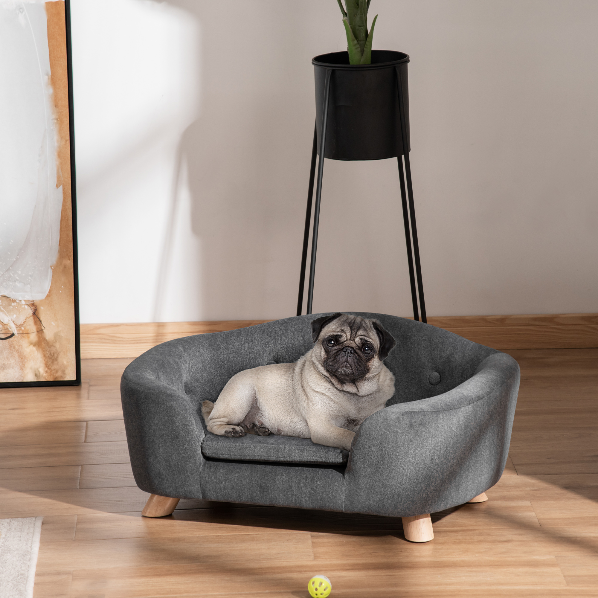 PawHut hondenbank hondenmat hondenmand hondenbank hondenbank kattenbank met kussen achterzak pluche schuim grenen hout donkergrijs 70 x 47 x 30 cm