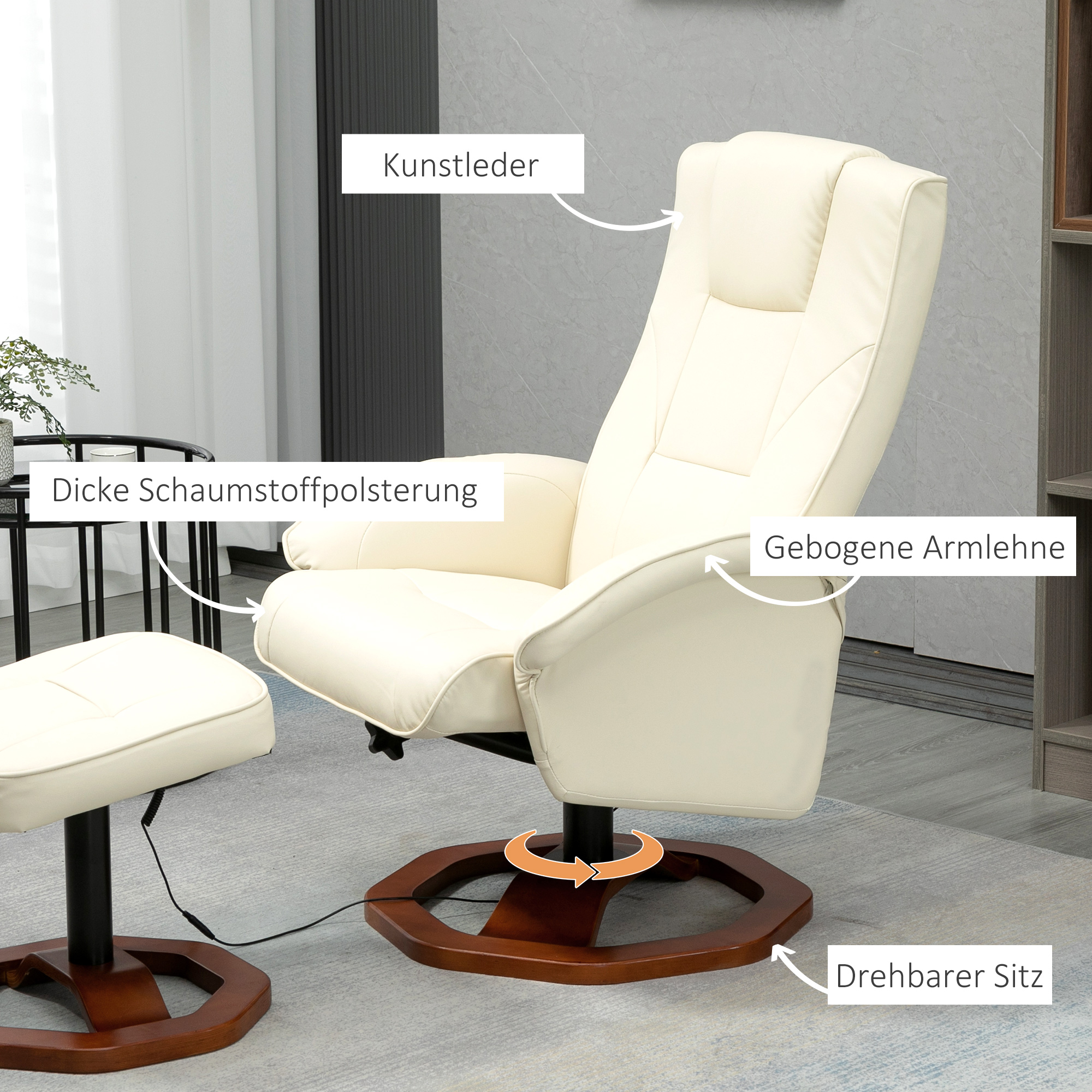 HOMCOM massagestoel, met voetenbank, 10 massagepunten, verstelbare functie, draaibare zitting, roomwit, 73 x 83 x 106 cm