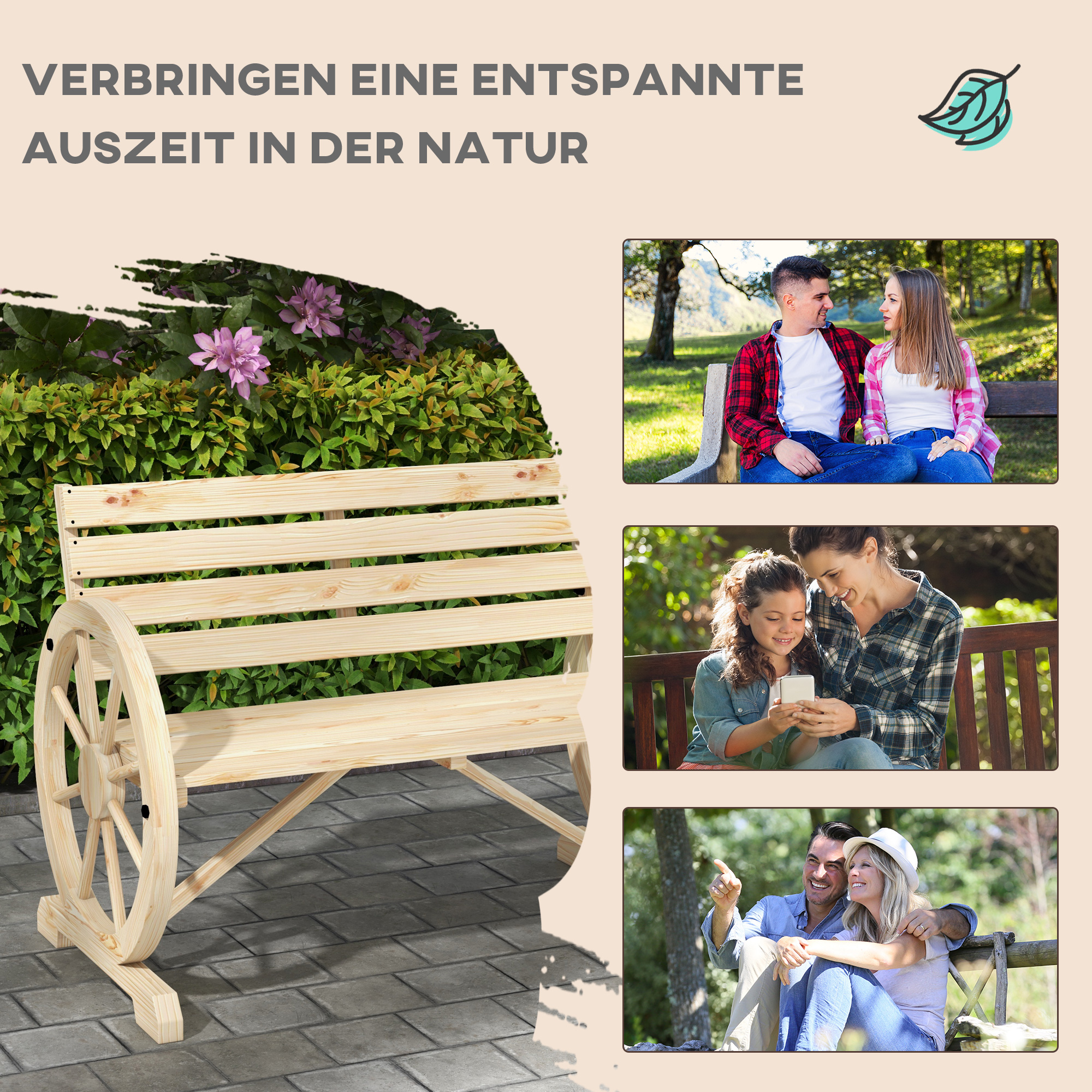 Outsunny Tuinbank, Wagenwiel-ontwerp, voor 2 personen, natuurlijk hout, donkerbruin, 105,5 x 56 x 79 cm, Natuurlijk