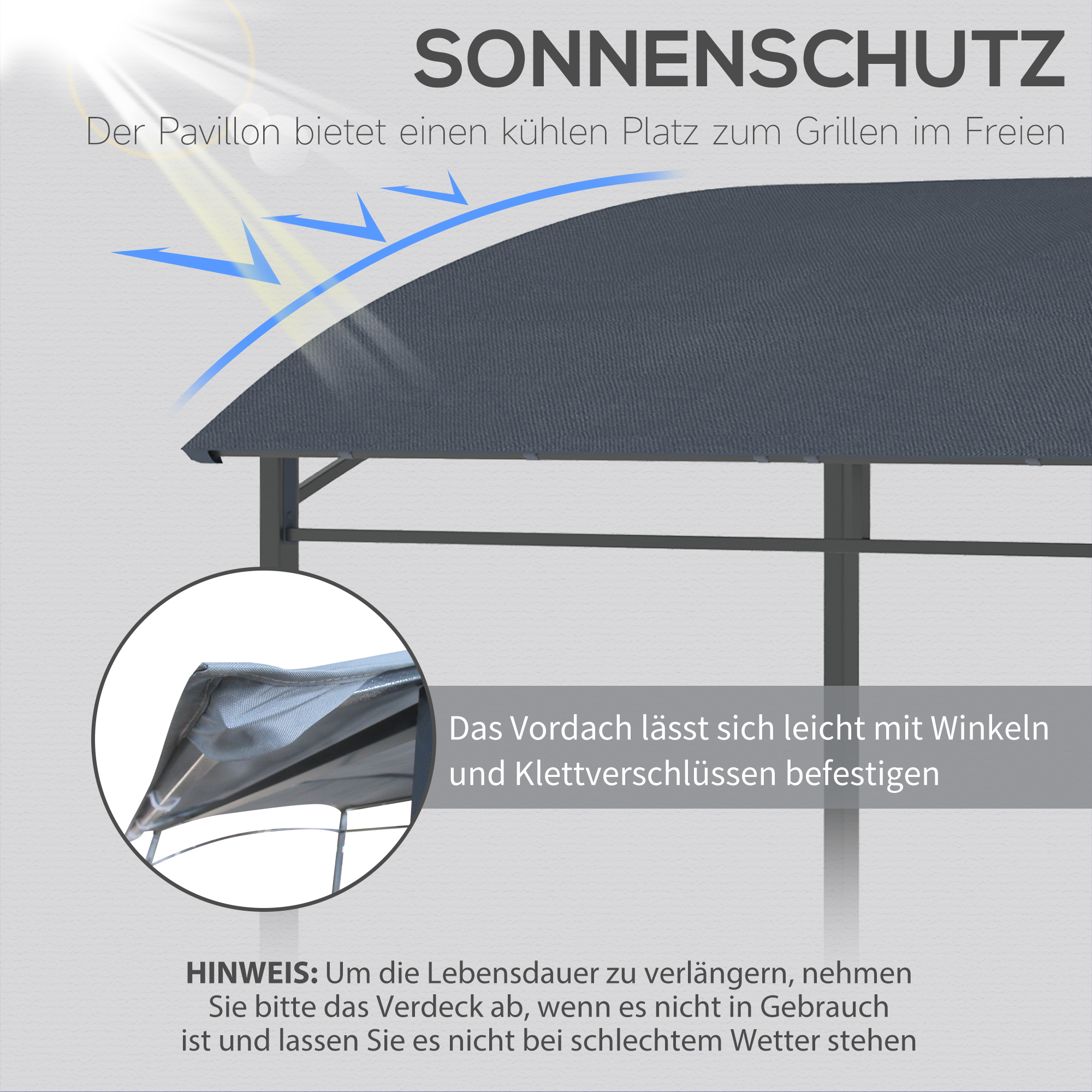 Outsunny Grillpaviljoen, Grillafdak, Regenbescherming, Haken voor Keukengerei, Stalen frame, grijs, 215 x 150 x 174/220 cm