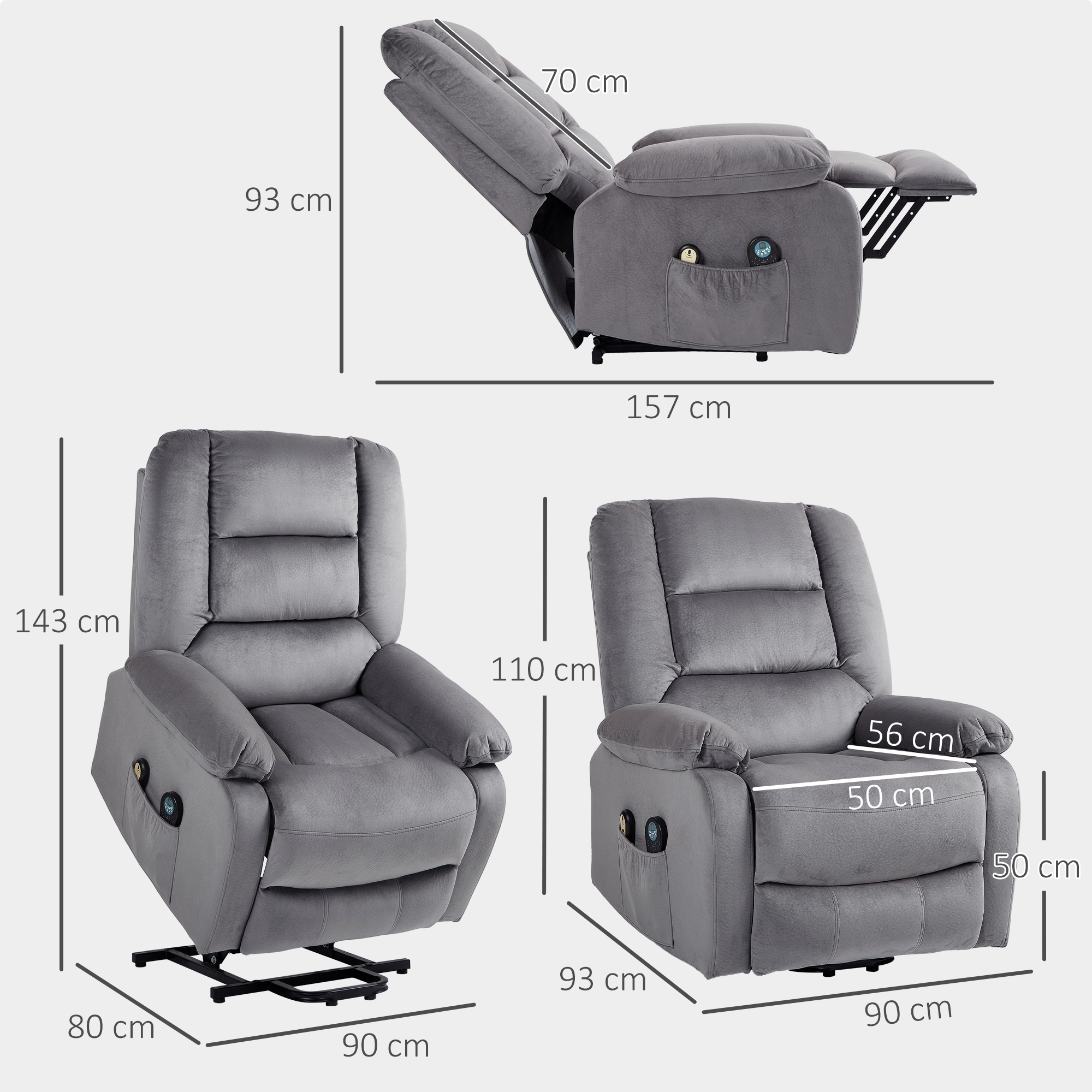 HOMCOM Relaxfauteuil met Opstaan-hulp, Warmte- en Massagefunctie, Afstandsbediening en Zijvak, Donkergrijs