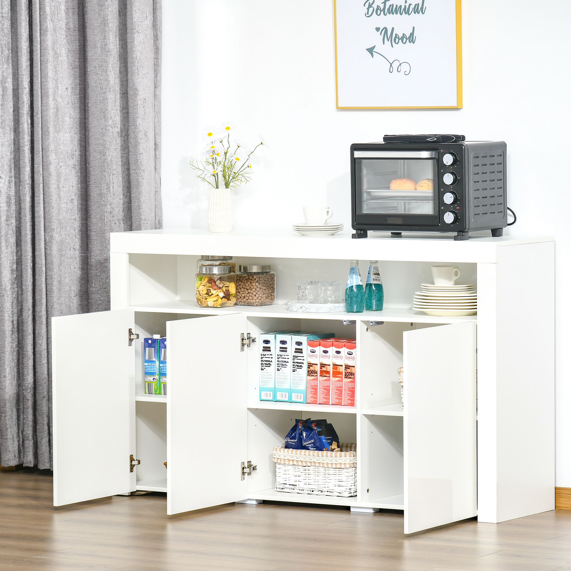 HOMCOM dressoir hoogglans voorraadkast keukenkast met led-verlichting en glazen plank voor entree eetkamer woonkamer Materiaal MDF en spaanplaat wit 97 x 35 x 83 cm
