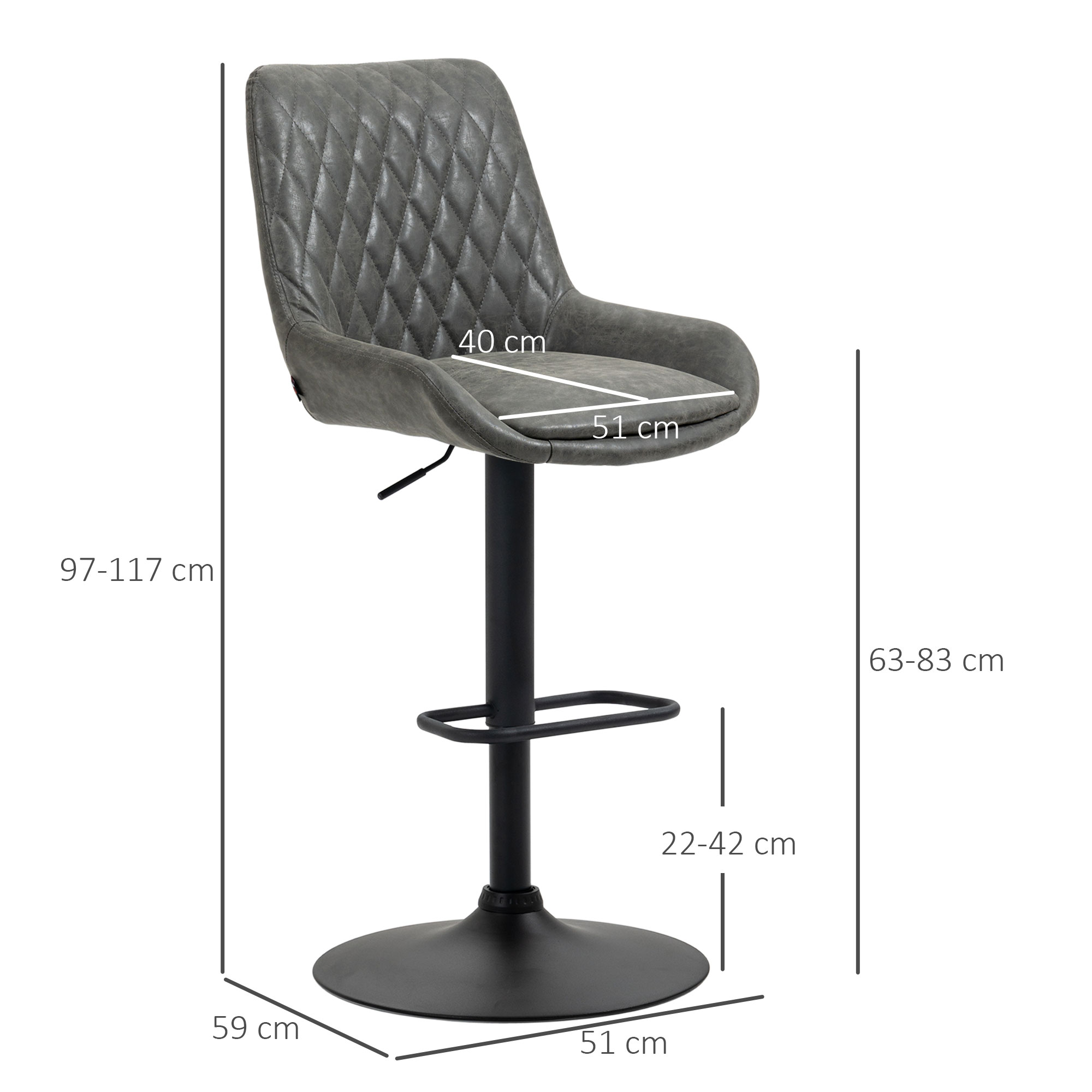 HOMCOM Verstelbare Barkruk Keukenkruk Designkruk, met voetensteun, 51 cm x 59 cm x 117 cm, Donkergrijs + Zwart