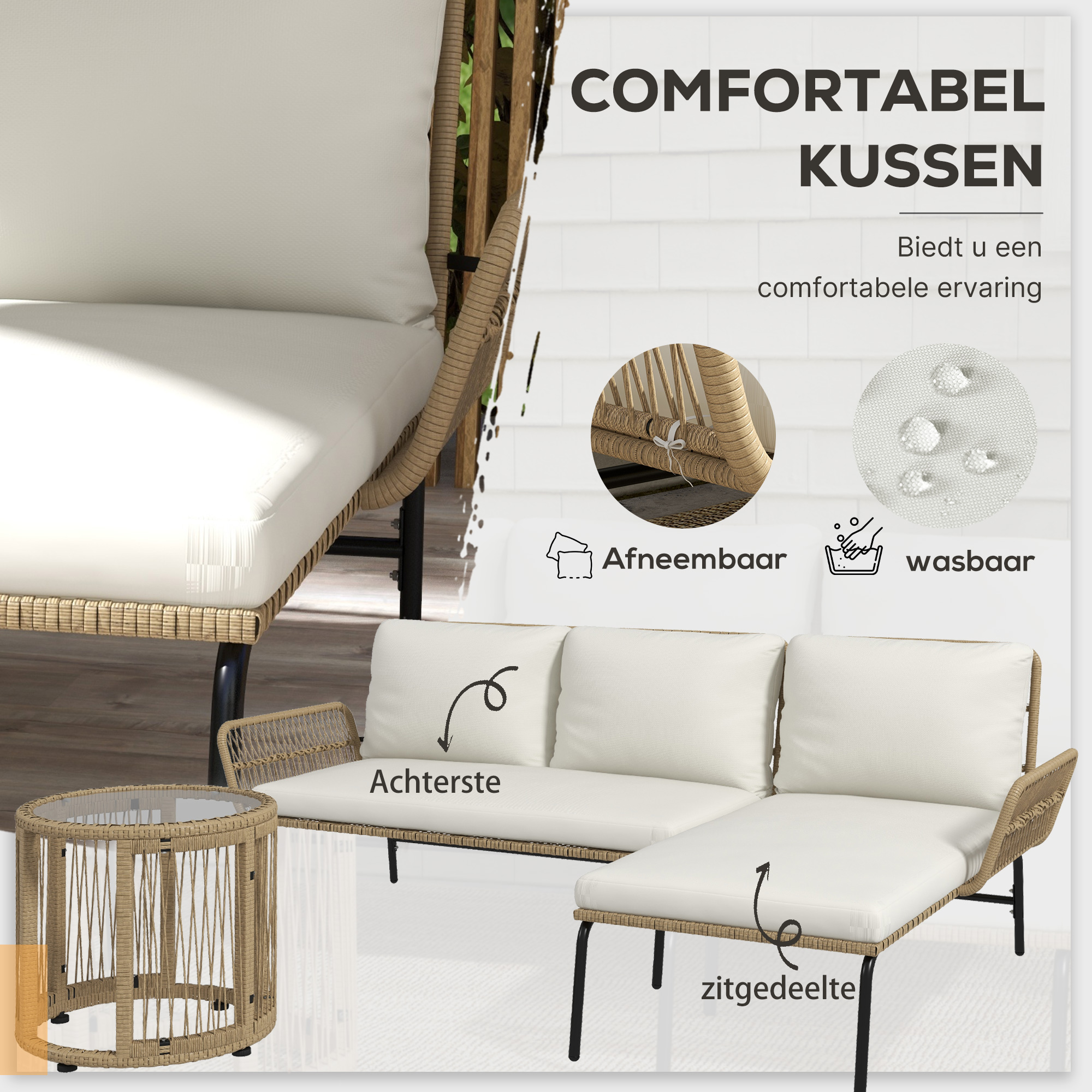 Outsunny Loungeset voor in de tuin, PE rattan, 122 x 79 x 75 cm, Natuur + Crèmewit