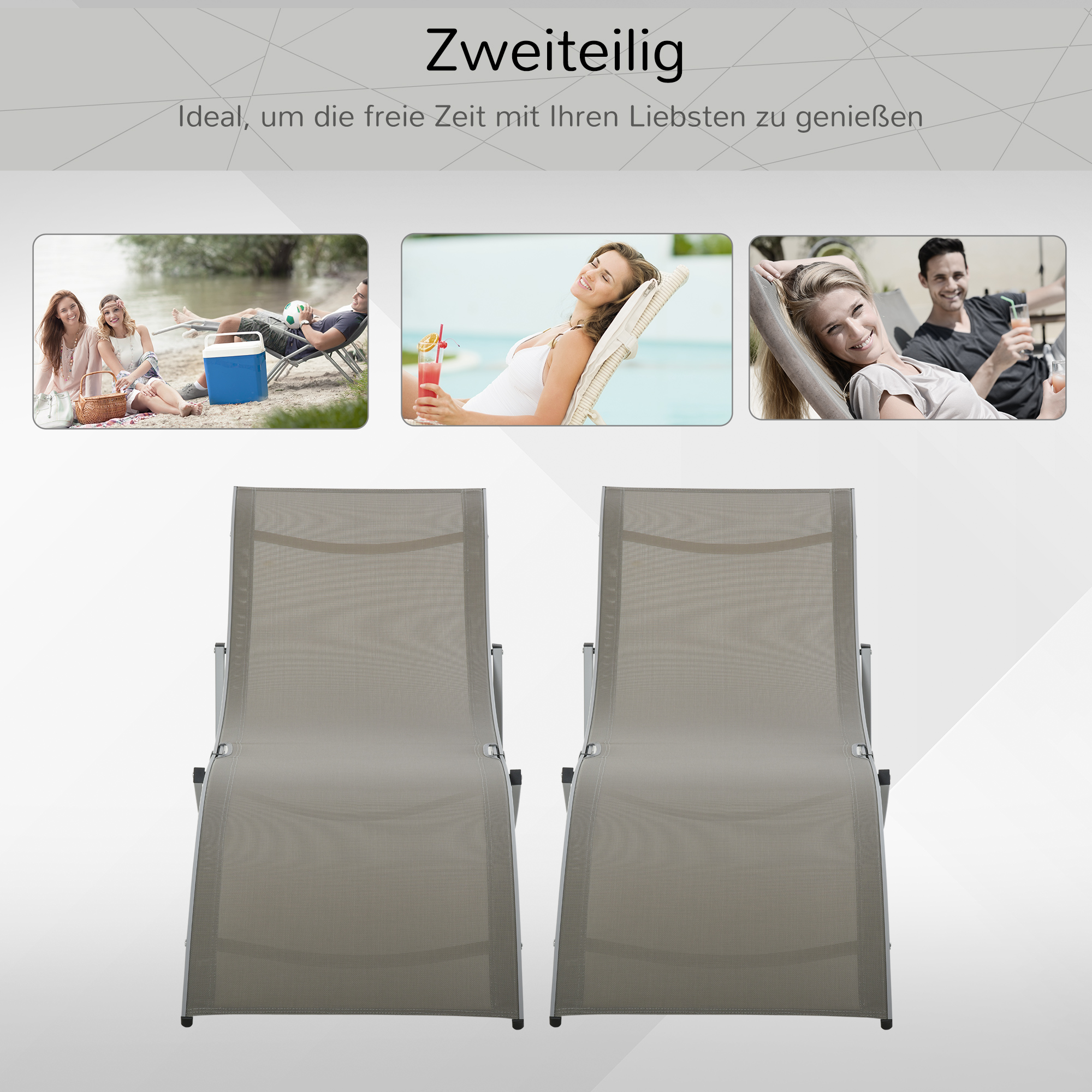 Set van 2 tuinstoelen ligstoel stoffen ligstoel relaxstoel ergonomisch aluminium Texteline