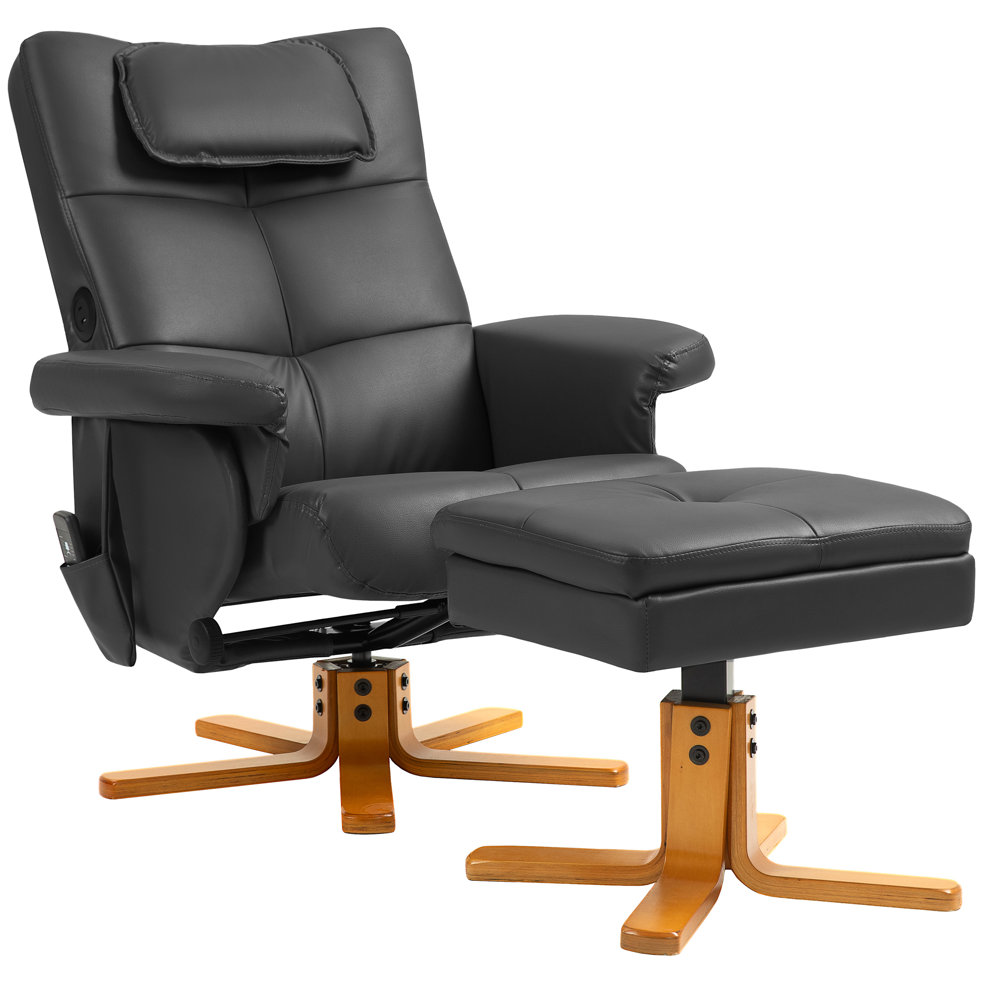 HOMCOM Massagestoel met Kruk, Verstelbare Rugleuning, USB-laadpoort, Lederlook, tot 150 kg, Zwart