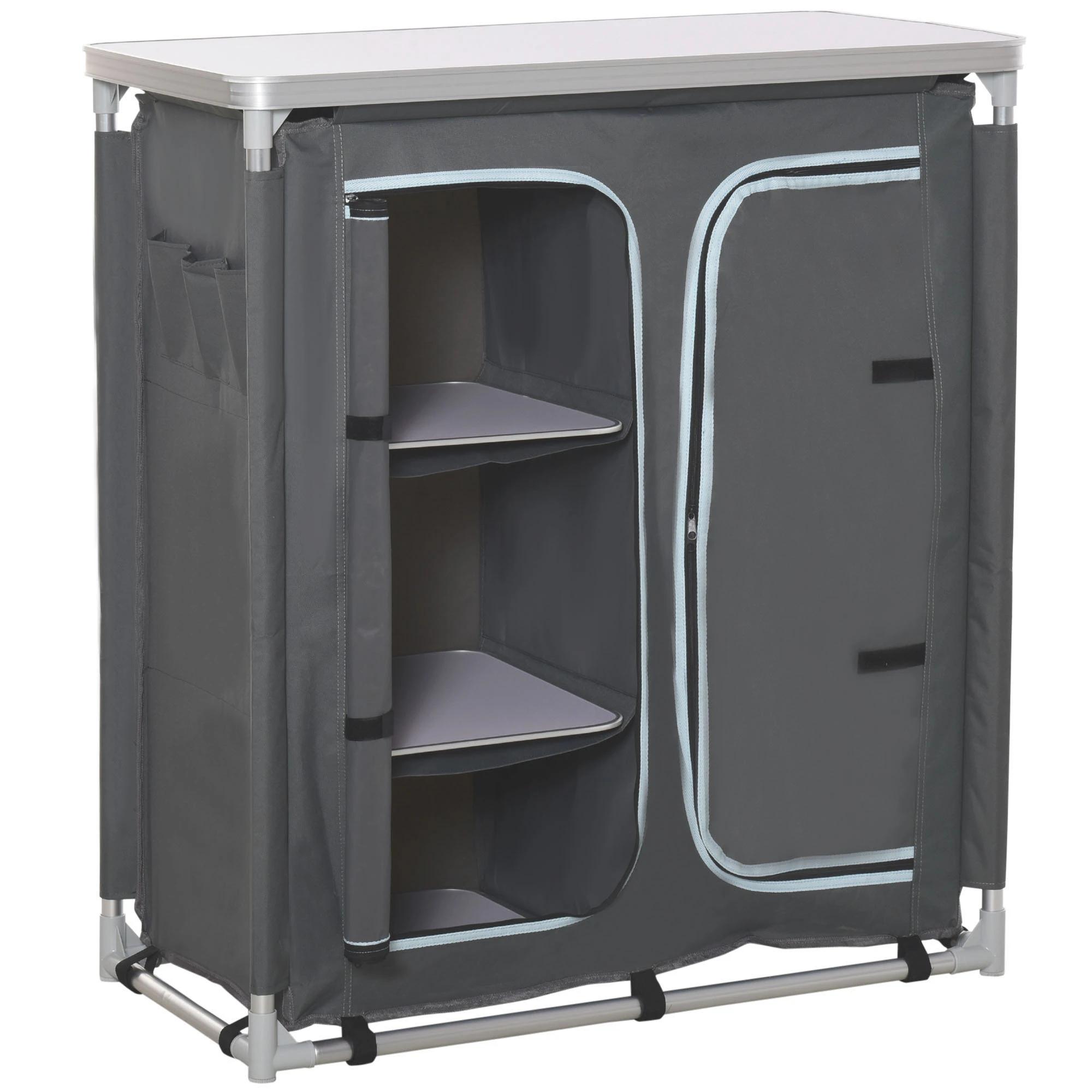 Outsunny Campingkast inklapbaar keukenbox draagbaar met 3 planken 1 kast grijs