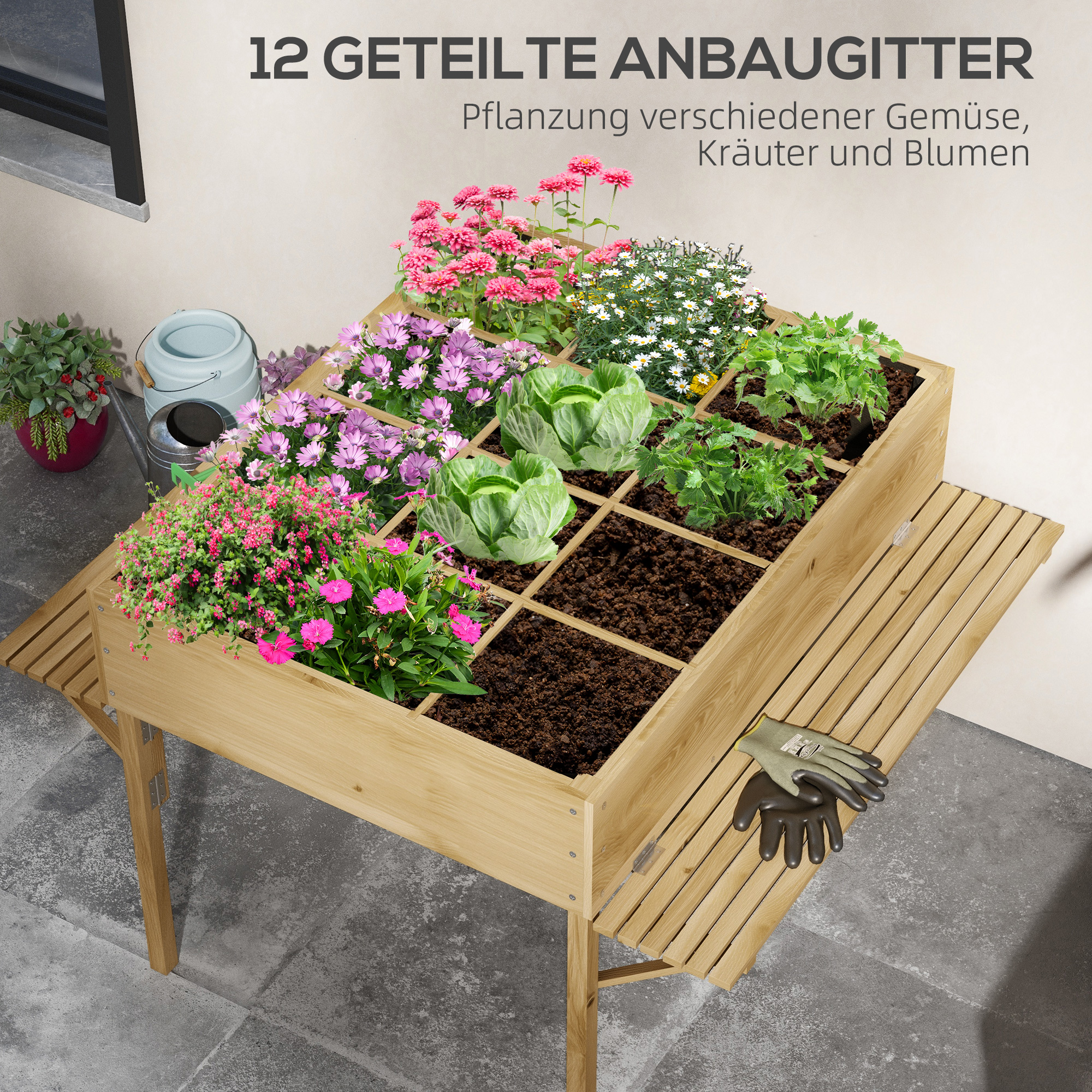 Outsunny Houten verhoogde plantenbak met 12 scheidingsroosters, inklapbare zijplanken, weerbestendig, sparrenhout, 122 x 91,5 x 89 cm