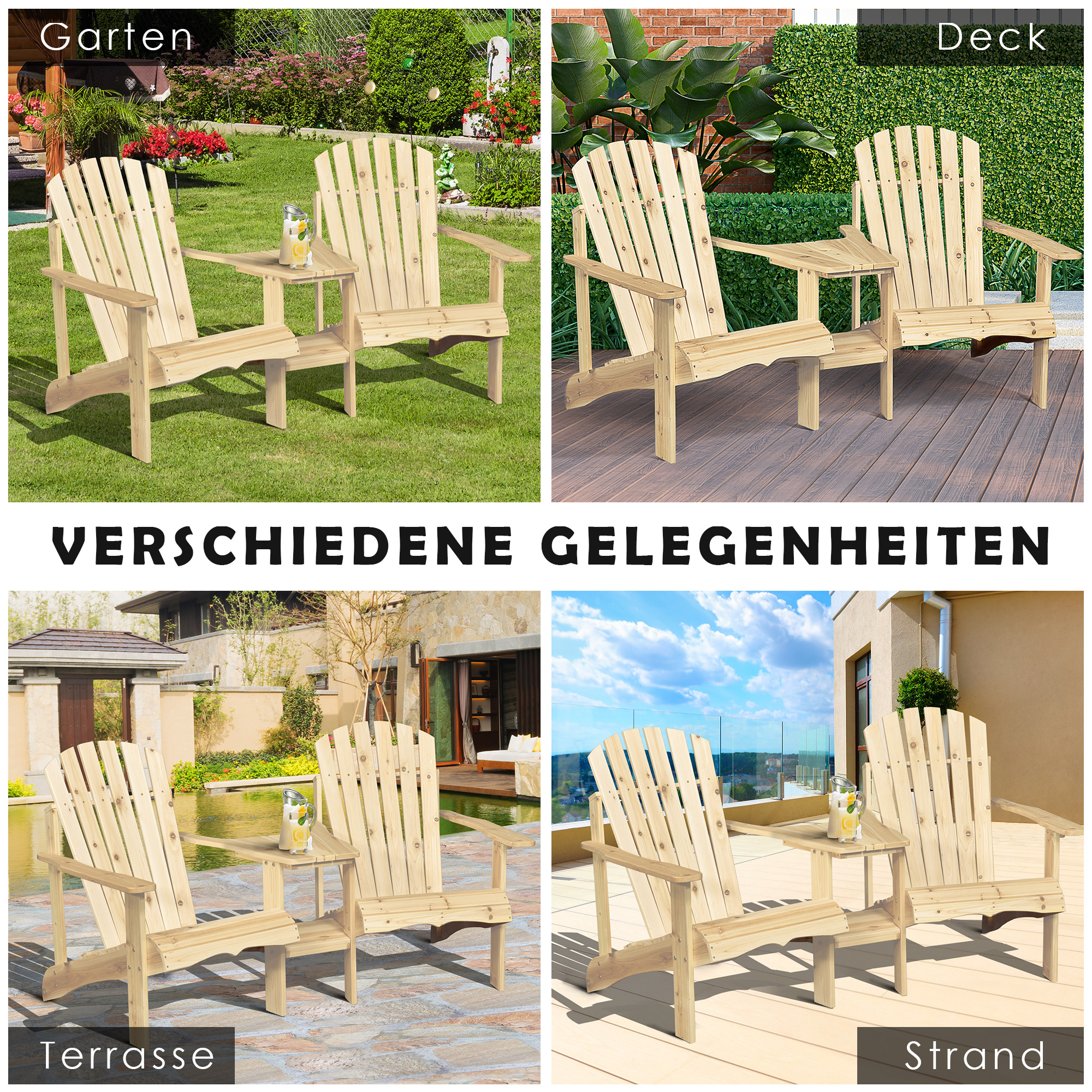 Outsunny 2 tuinstoelen met bijzettafel naturel dennenhout 178 x 87 x 92 cm