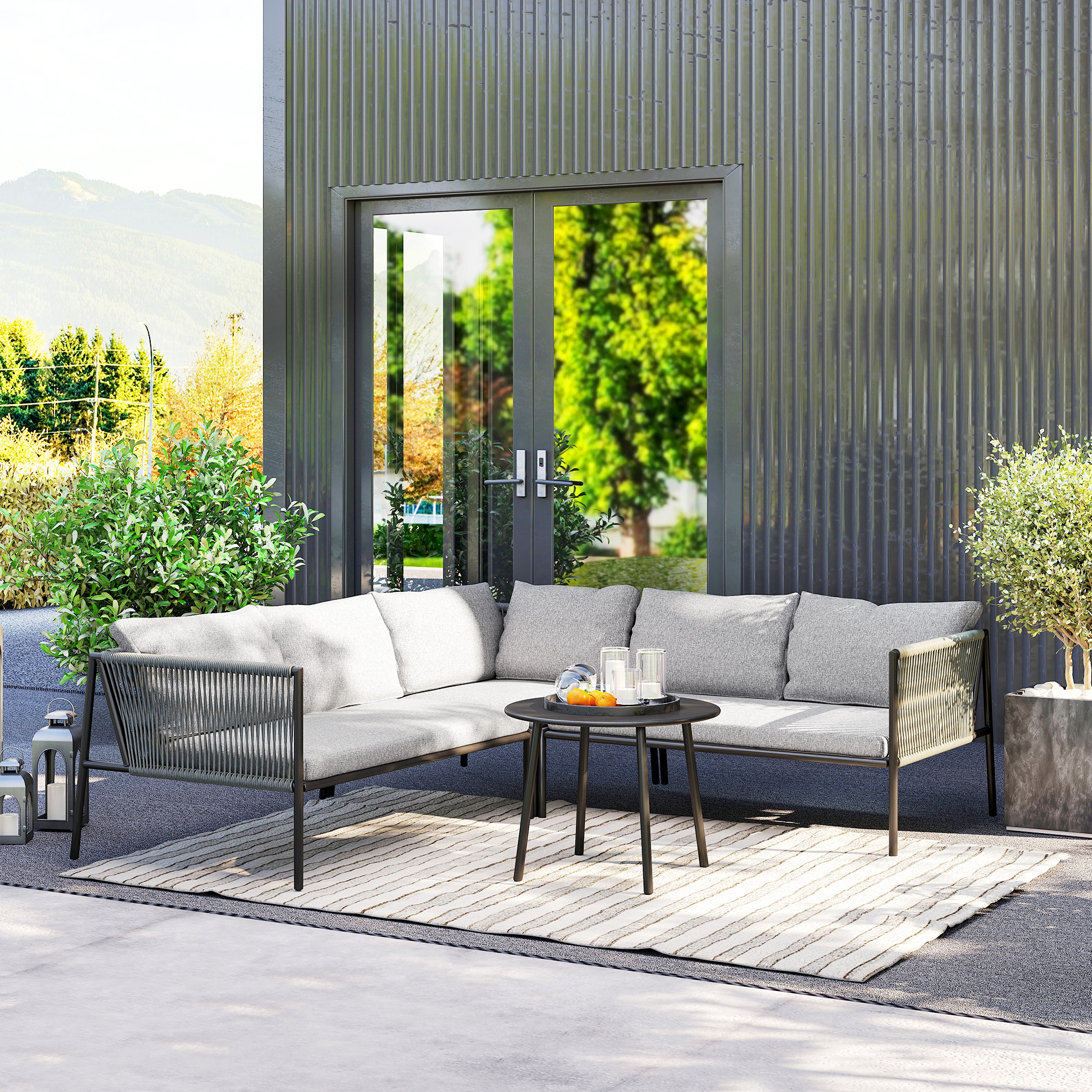 Outsunny Tuinmeubelset Rattan Loungeset met Hoekbank, Tafel en Kussens voor 6 Personen Donkergrijs