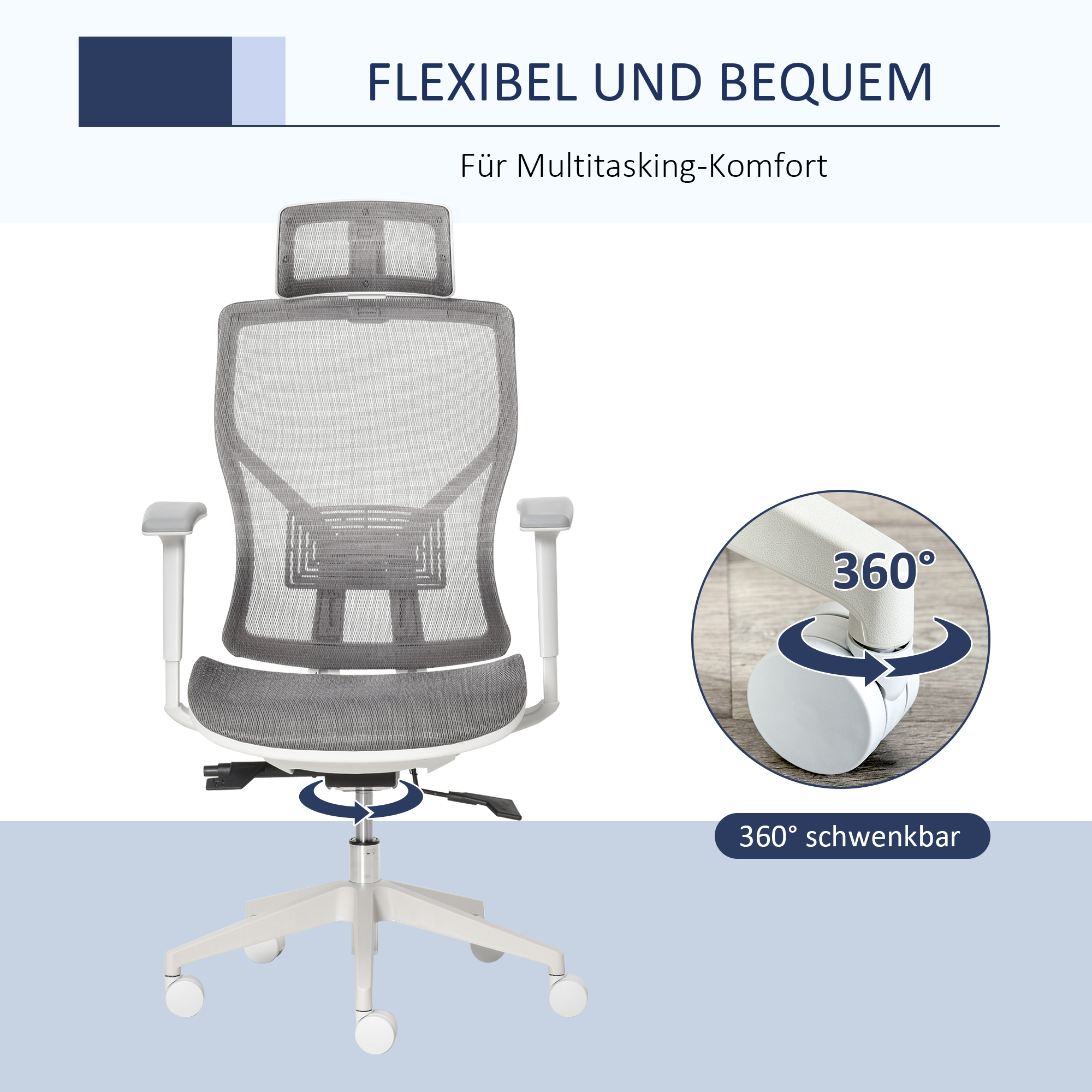 Vinsetto bureaustoel bureaustoel draaistoel gamestoel met hoofdsteun lendenkussen 3D-armleuning 3 niveaus 360 ° zwenkbare wielen, in hoogte verstelbaar ergonomische netstof schuimgrijs 67 x 65 x 120-128 cm