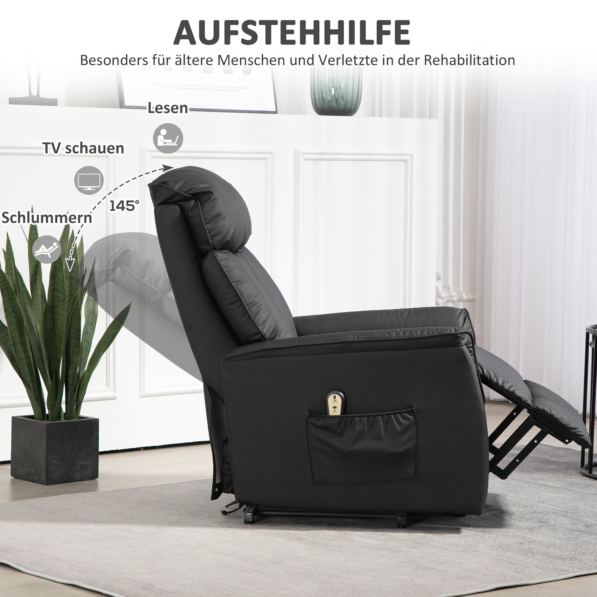 HOMCOM Elektrische Opsta-Stoel, TV-Stoel, Stoel met Opsta-Hulp, Ligfunctie, Kunstleer, 80 x 94 x 104 cm, Zwart
