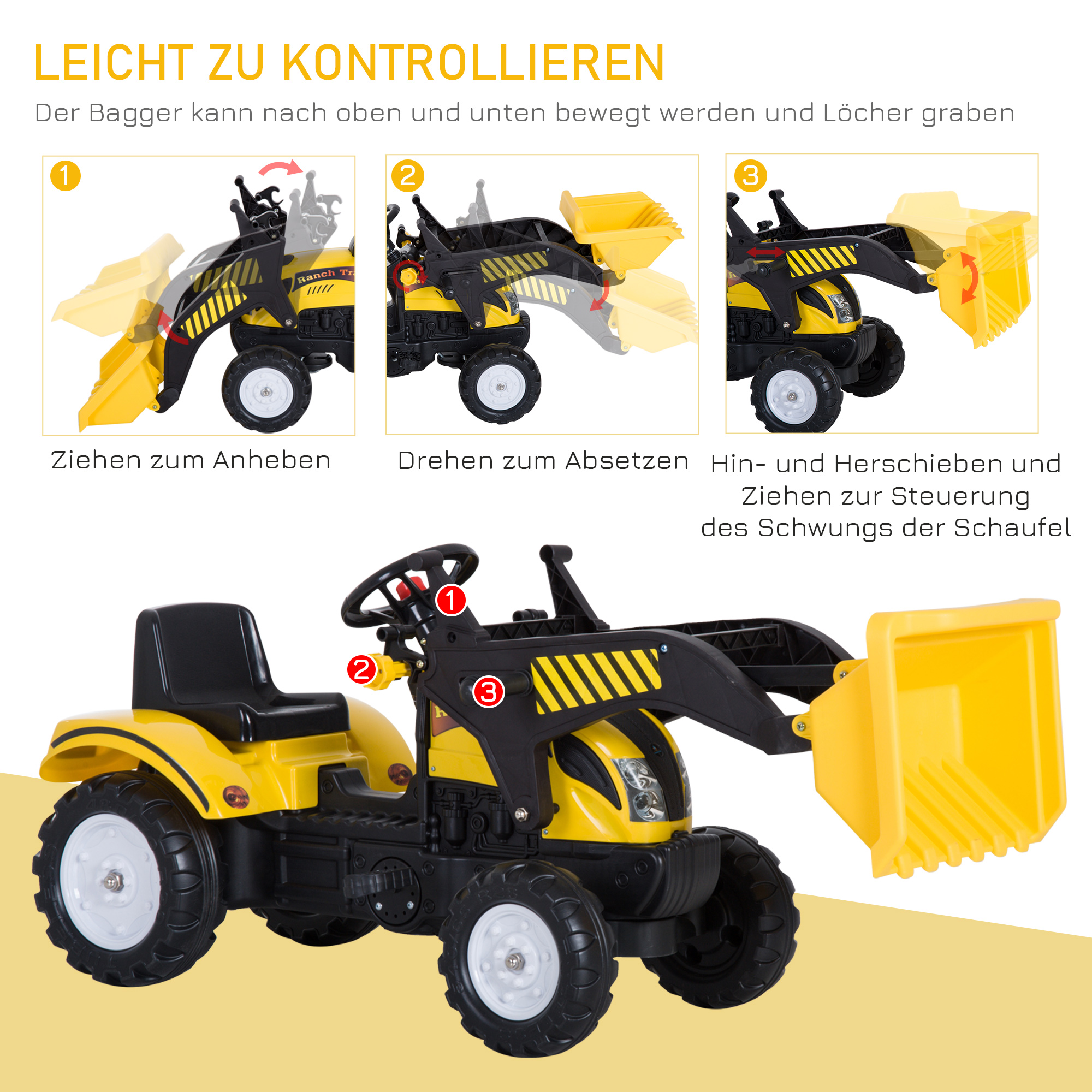HOMCOM Trapauto met frontlader tractor traptractor vanaf 3 Jaar speelgoed kinderen zwart