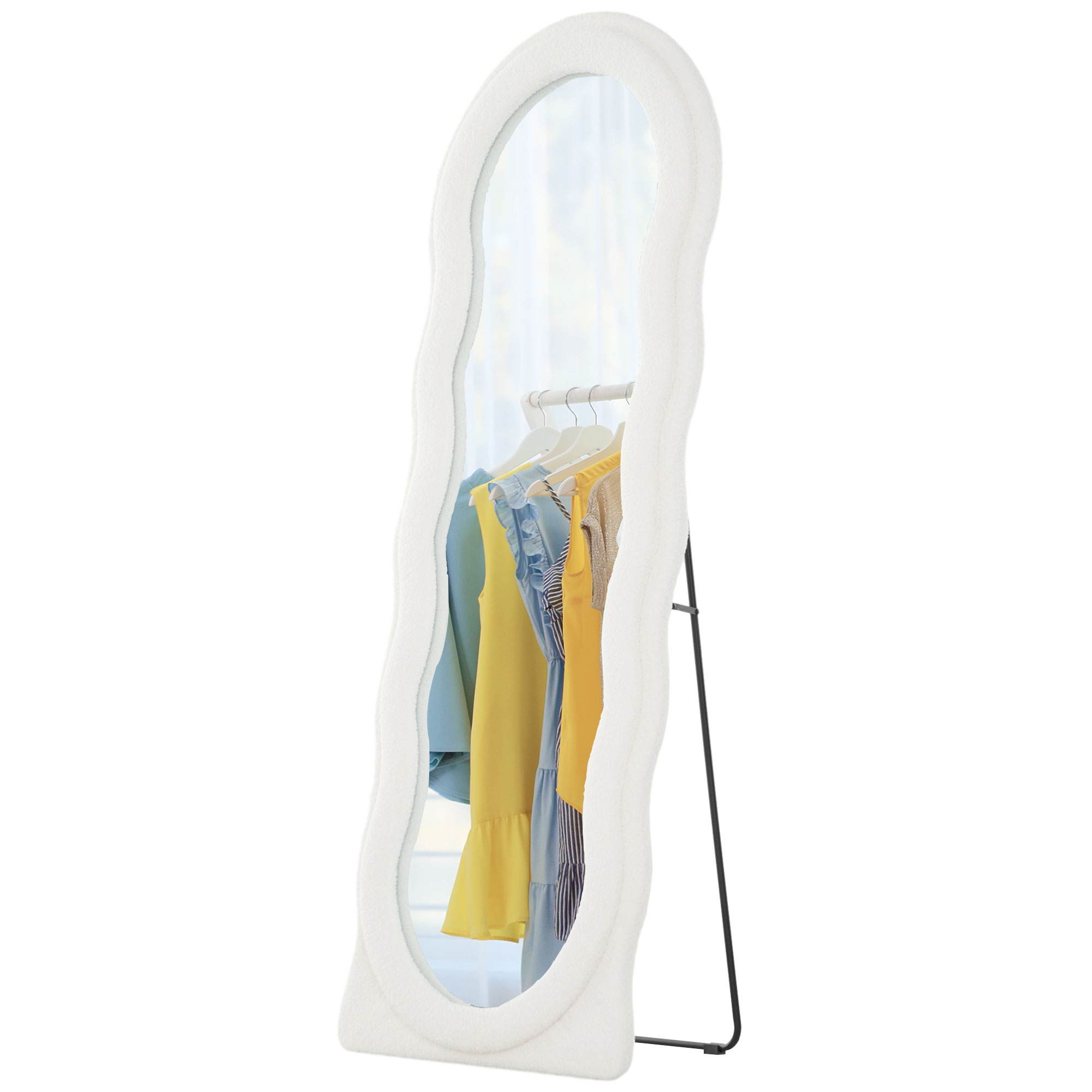 HOMCOM Lichaamslange Spiegel 160 x 60 cm Gebogen Standspiegel met Golfdesign Breukvast Glas Wit