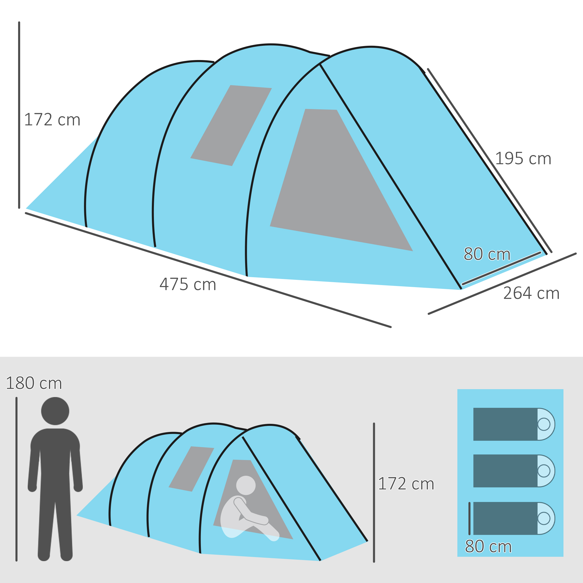 Outsunny Campingzelt Trekkingzelt Zelt, weerbestendig, 2 kamers, 475 x 264 cm Breedte x 172, Blau