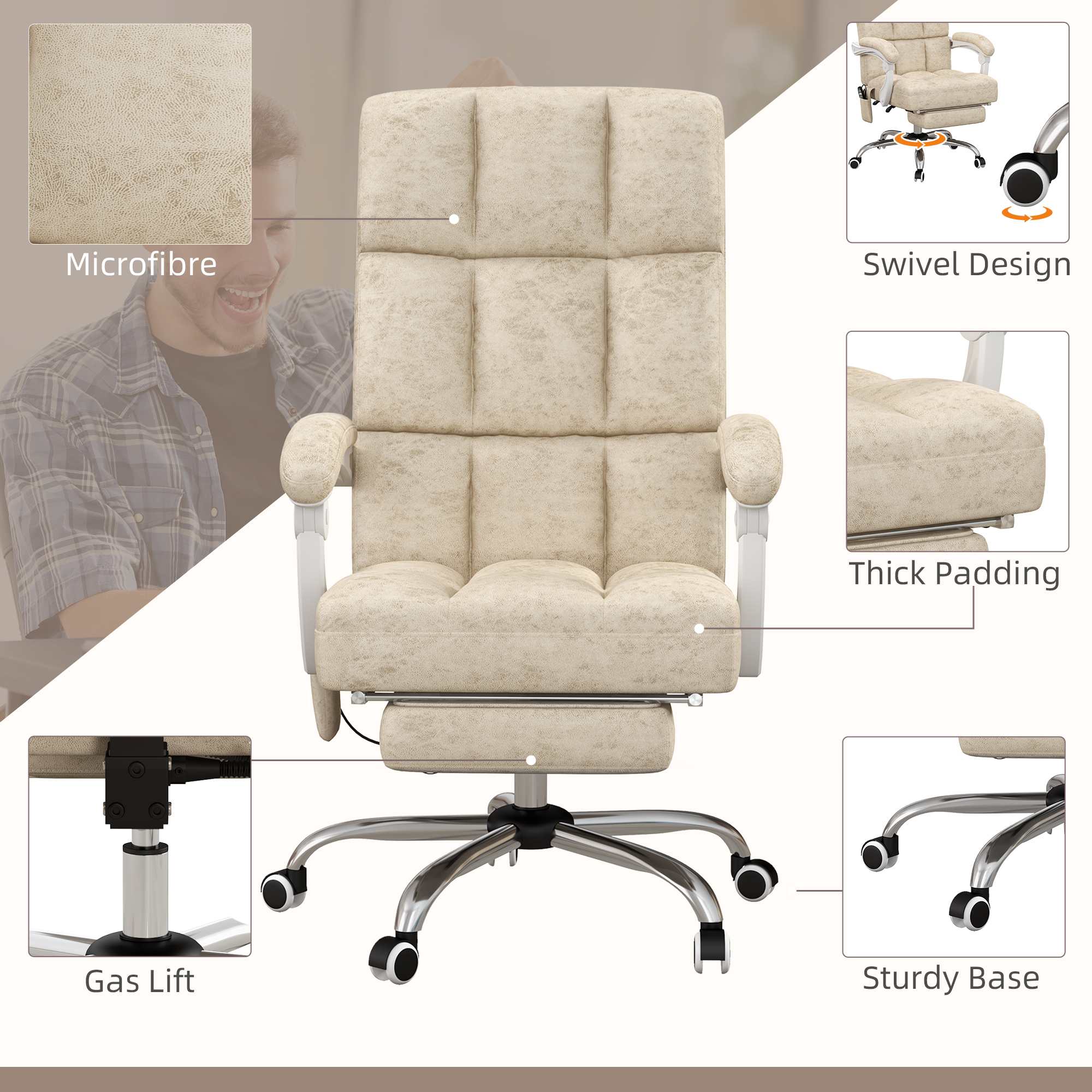 Vinsetto Bureaustoel met Massage- & Warmtefunctie, Voetsteun, Verstelbaar, tot 120kg, Beige
