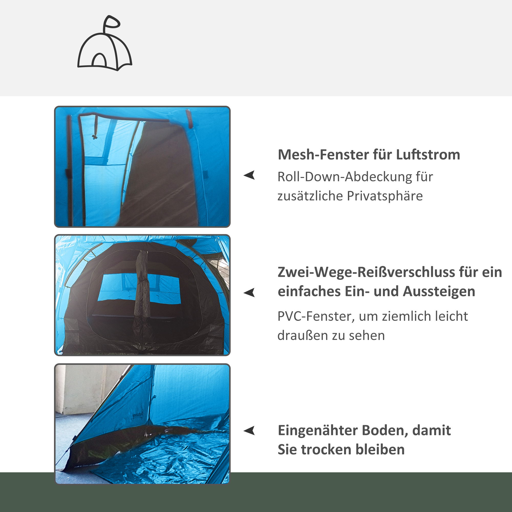 Outsunny Campingzelt Trekkingzelt Zelt, weerbestendig, 2 kamers, 475 x 264 cm Breedte x 172, Blau