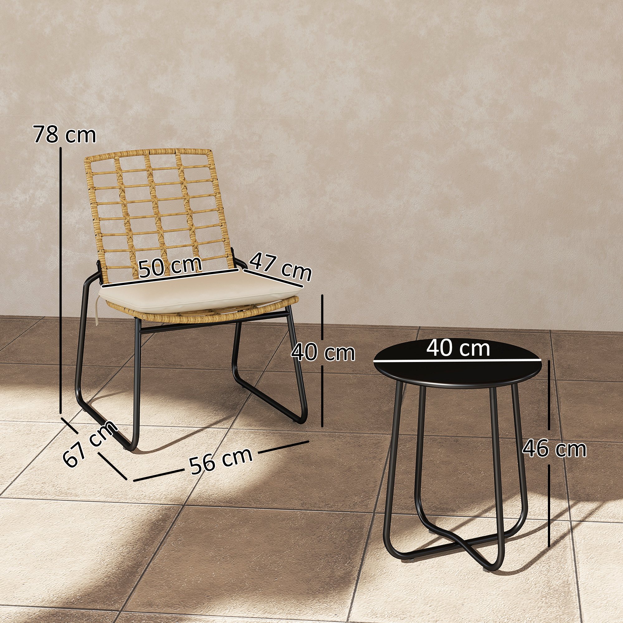 Outsunny 3-delig Tuinmeubelset, 2 Rattan Stoelen, 1 Tafel met Metalen Blad, Zitkussens, Bistroset, Beige & Bruin
