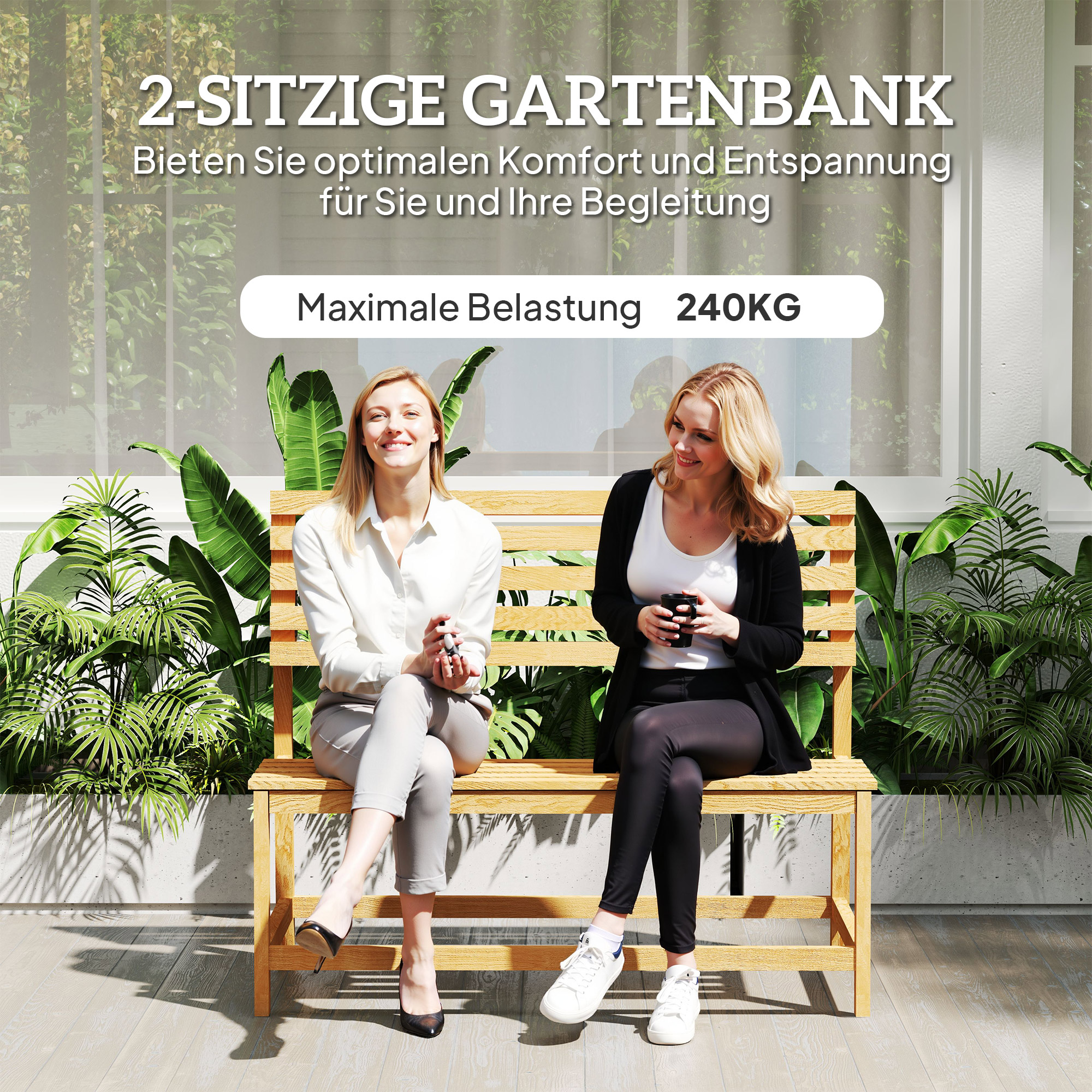 Outsunny 2-zits Tuinbank van Hout, Weerbestendige Zitbank, UV-Bestendige Tuinmeubelen met Omzetbare Rugleuningen 110x61x89cm, Teak