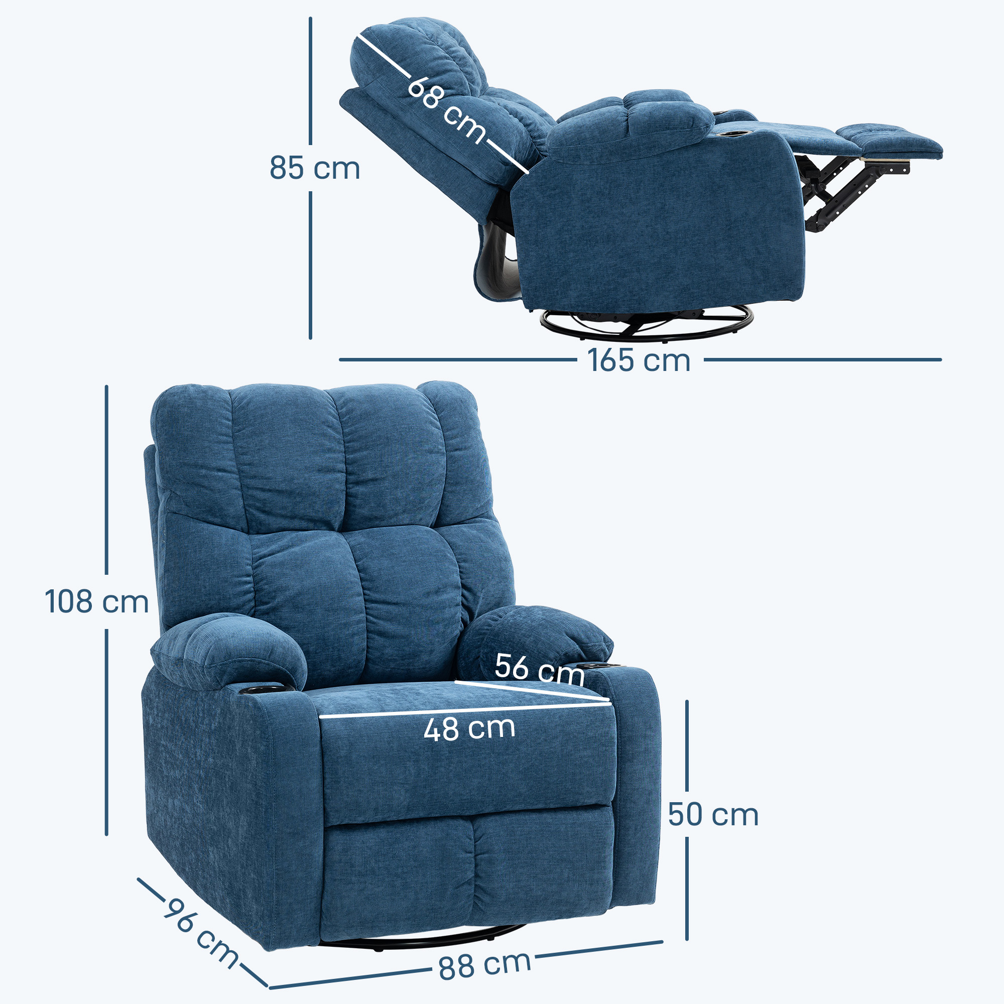 HOMCOM Relaxstoel met Voetensteun, Ligstoel, Draaibaar, tot 150 kg, Stalen Frame, 88x96x108cm, Donkerblauw