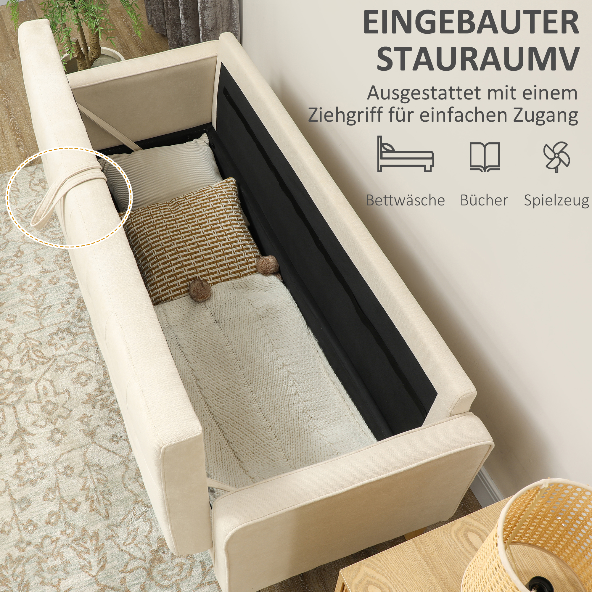 HOMCOM 3-Zits Sofa met Opbergruimte, Knoopstiksel, Gepolsterde Bank, 166,5 x 62 x 82 cm, Crèmewit